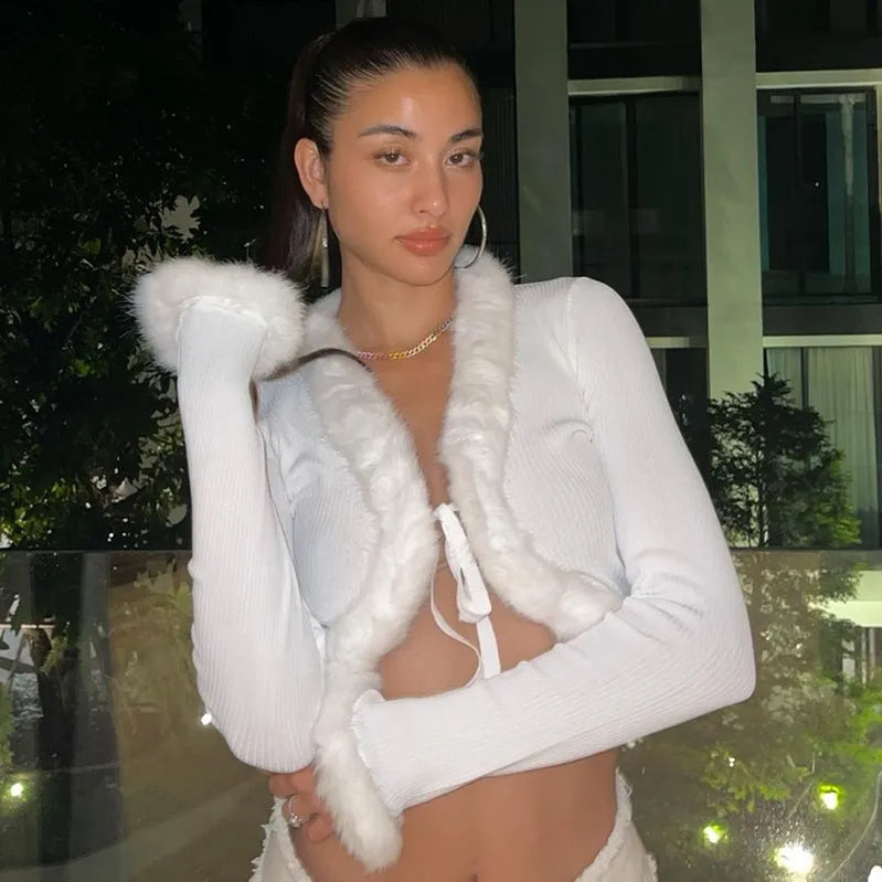 Women's Y2k Cropped Cardigan Sweater Long Sleeve V-Neck Faux Fur Trim Tie-up Crop Top Open Front Knitted Coat Vintage Streetwear white