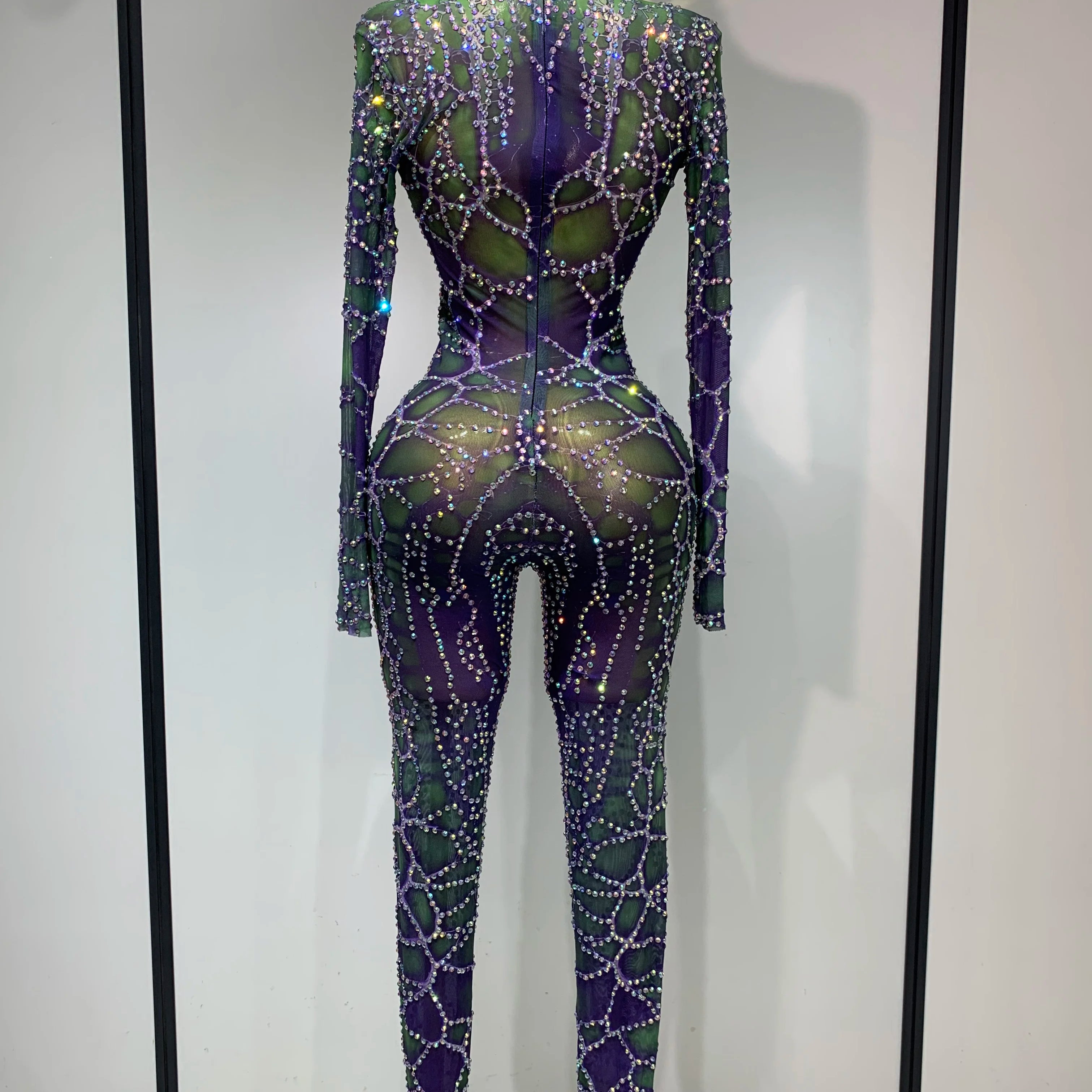 Women Sparkly Rhinestones Mesh Bodycon Jumpsuit Singer Stage Performance Dance Costume Nightclub Party Luxury Birthday Outfit