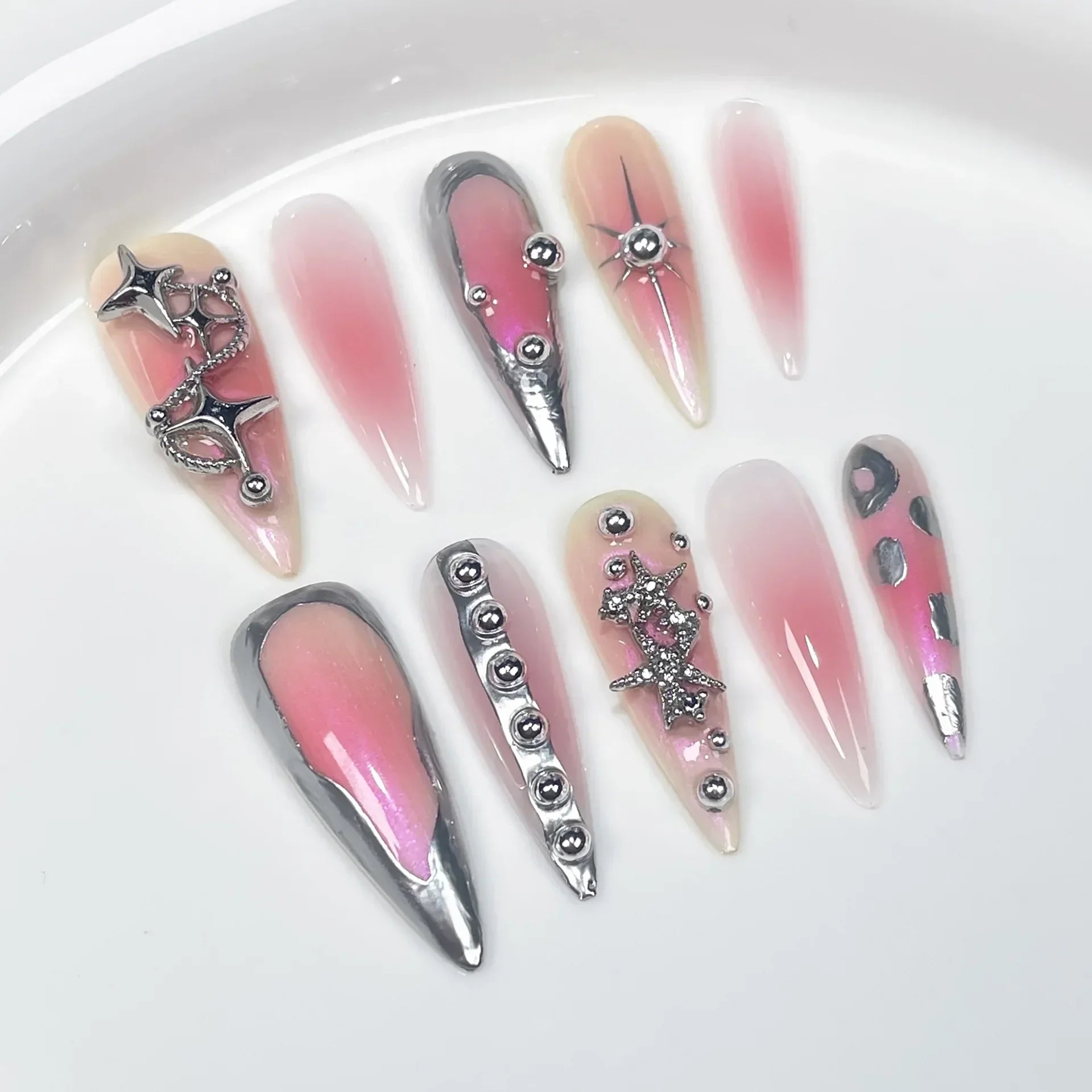 Lot de 10 faux ongles dorés faits main en forme d'amande, avec strass, couverture complète, style français, manucure, nail art