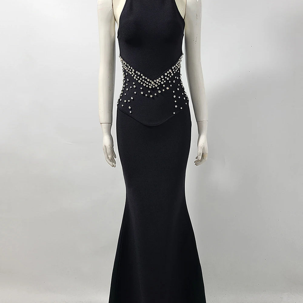 Elegant Black Halter Bandage Maxi Dress with Diamond Bodycon Sleeveless Vestidos Celebrity Party Runway Occasions Evening Gown