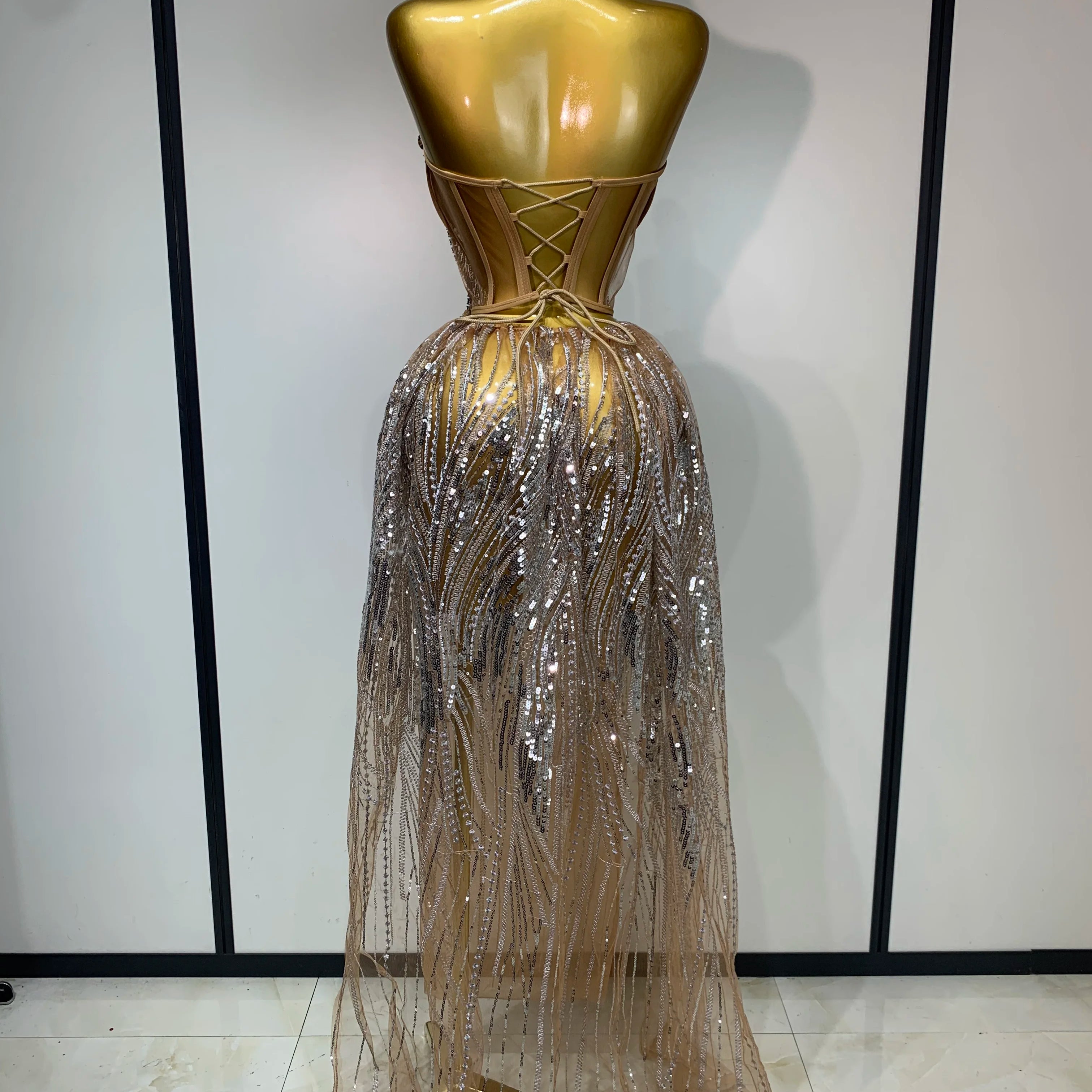 Women Sexy Strapless Mesh See Through Crystal Maxi Dress Evening Party Singer Stage Performance Costume Luxury Birthday Dress