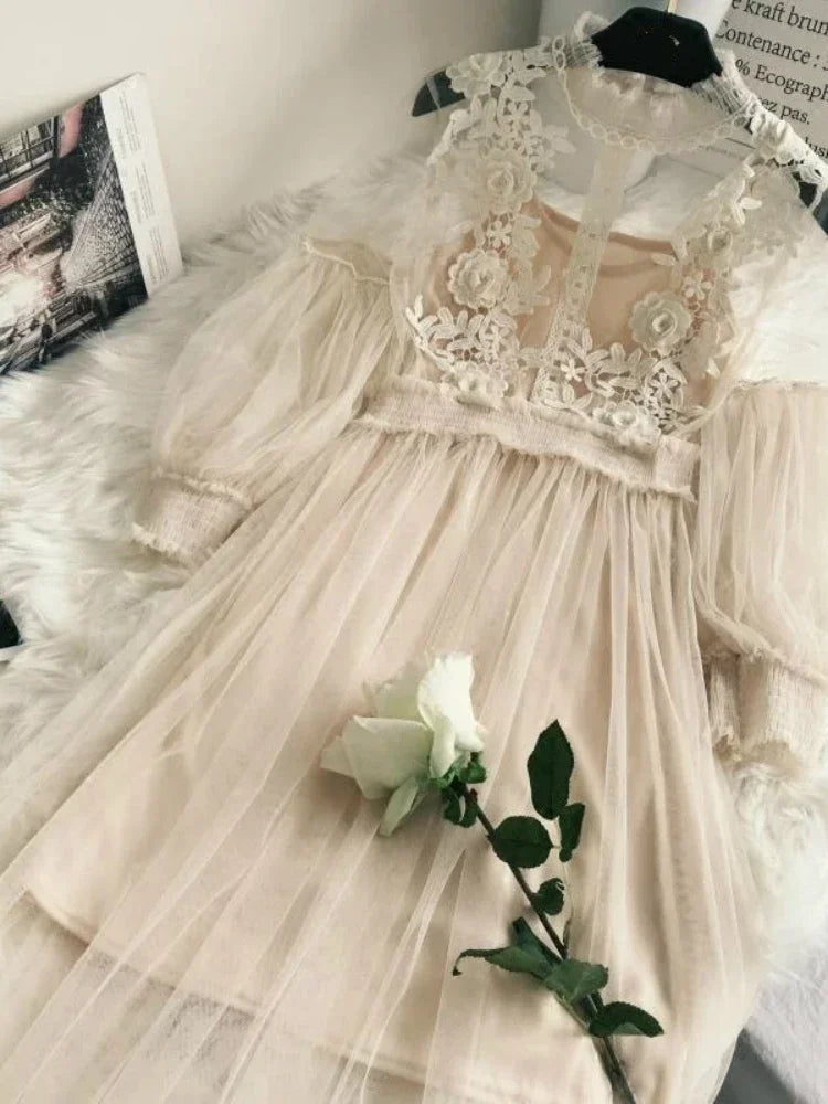 Women Party Lace Flower Dress Gauze Lantern Sleeve Voile Long Dress Female Retro Hook Princess Dress 2 Piece Set apricot