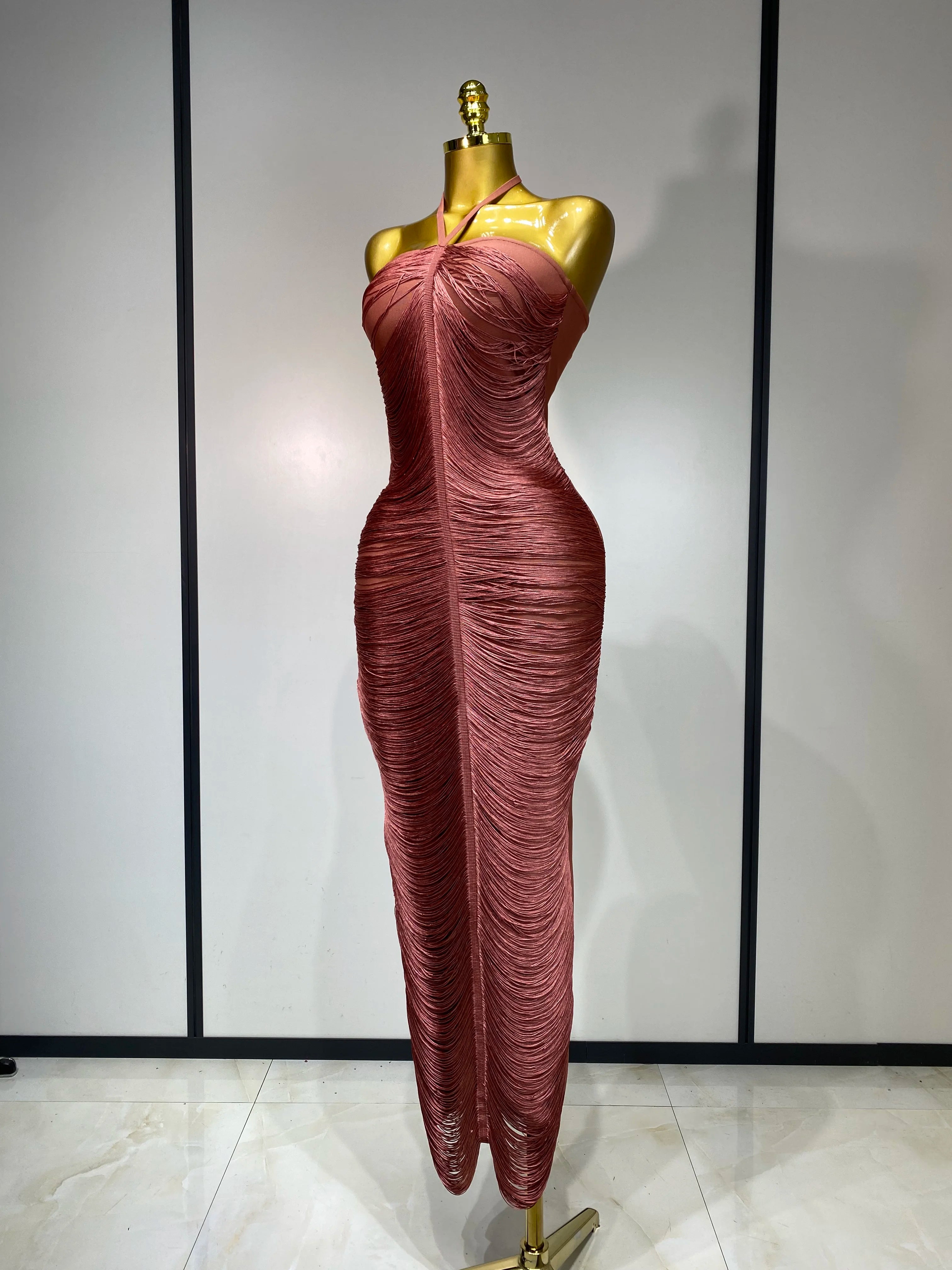 Vestido feminino sexy de celebridades, sem costas, com borlas, colado ao corpo, elegante, festa noturna de celebridades, vestido de aniversário de luxo, 2025