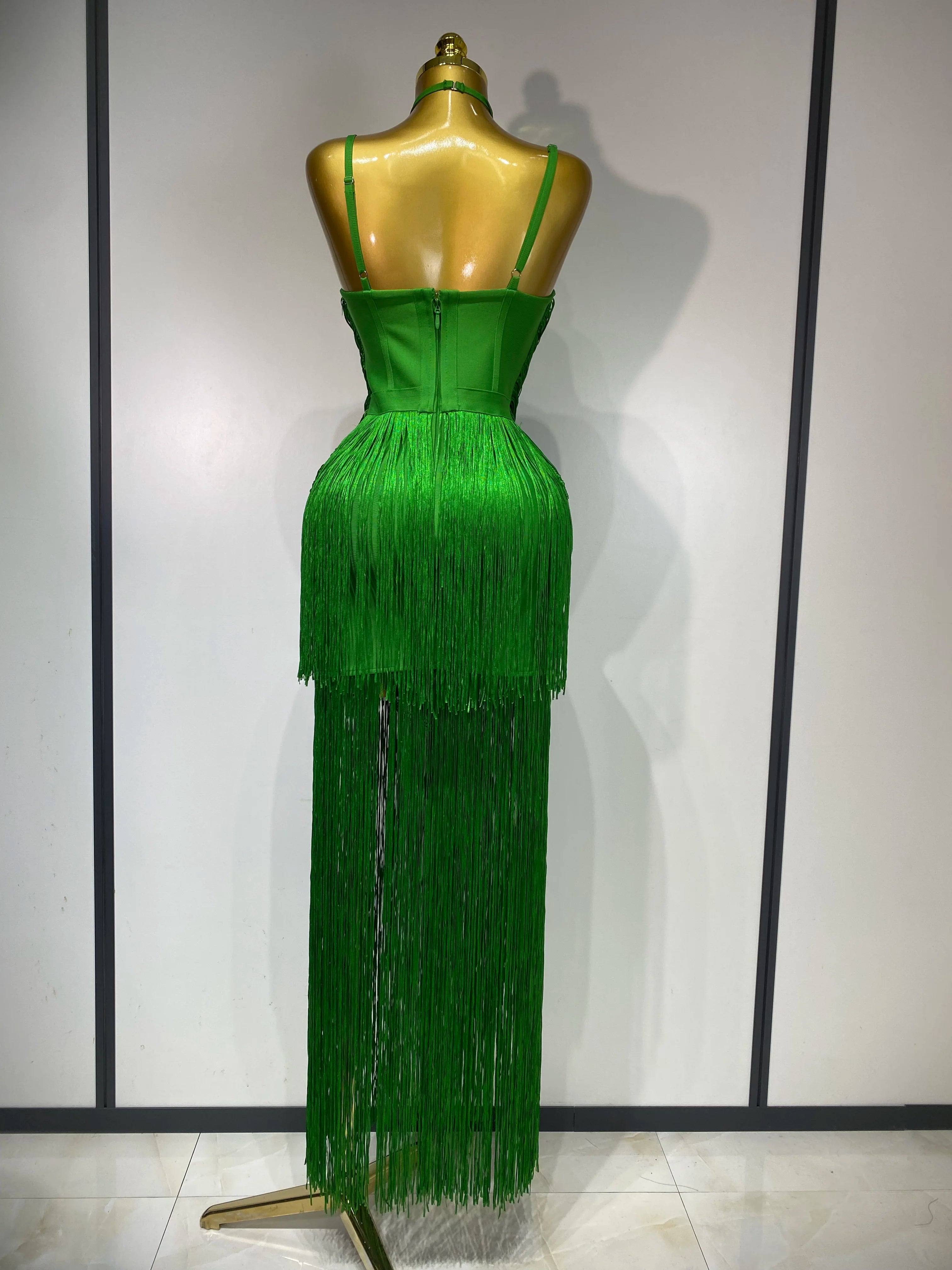 Women Sexy Backless Tassel Green Ankle Bodycon Bandage Dress 2025 Celebrity Elegant Evening Club  Luxury Birthday Party Outfit 