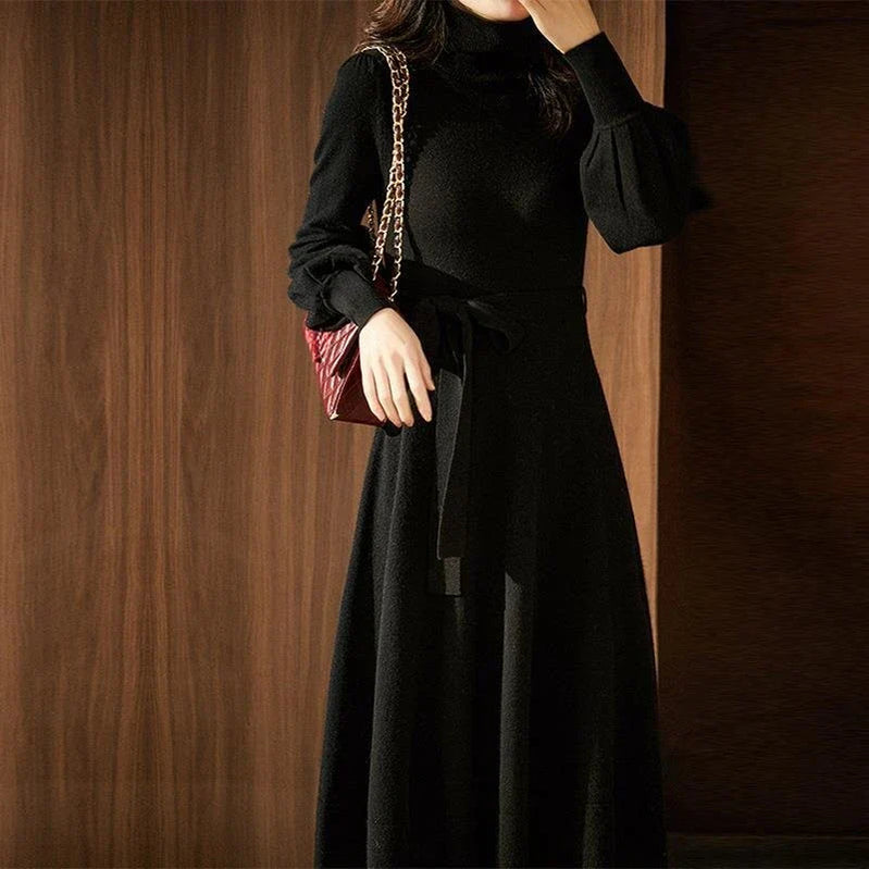 Dress Women's Autumn and Winter Knitted Thickened High Neck Long Sleeve Solid Color with Coat Medium Long Warm Fashion Elegant