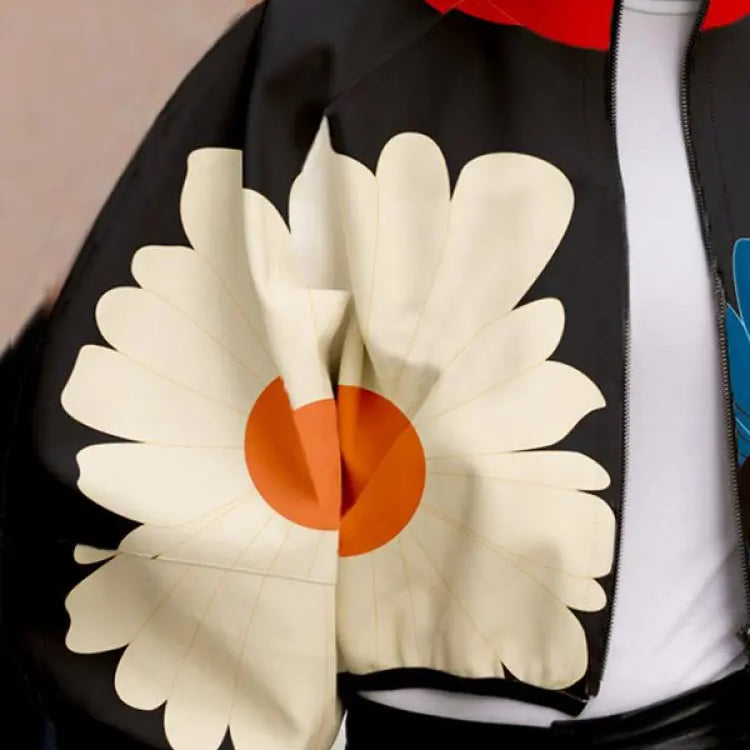 Women Korean Fashion Contrast Color Floral Printed Stand Collar Elegant Jackets Spring Summer Casual Outerwear