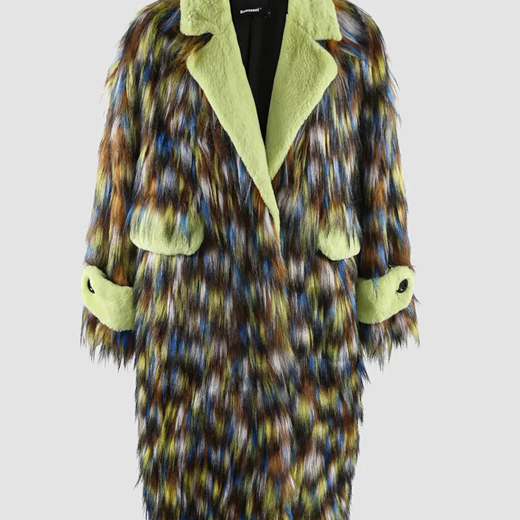Winter Long Colorful Thick Warm Colorful Hairy Shaggy Patchwork Faux Fox Fur Coat Women Fluffy Furry Overcoat