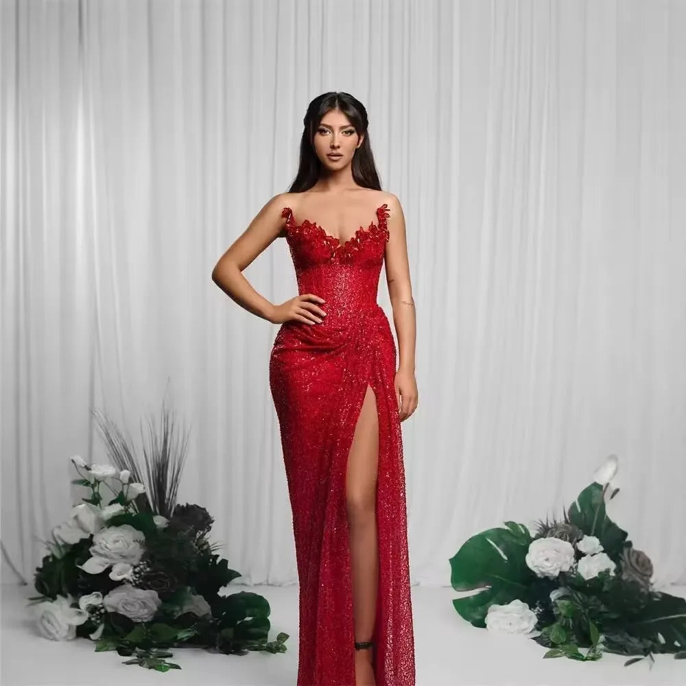 Haute Couture Red Sequins Sexy Off The Shoulder High Split Ankle Lenght Dress Woman Birthday Party Dress Celebrity Patry Outfit