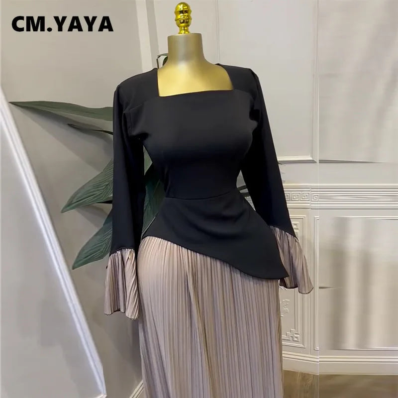 CM.YAYA Women Patchwork Flare Long Sleeve U-collar Pleated Big Swing Maxi Long Dress 2025 Birthday Sexy Club Party Even Dresses