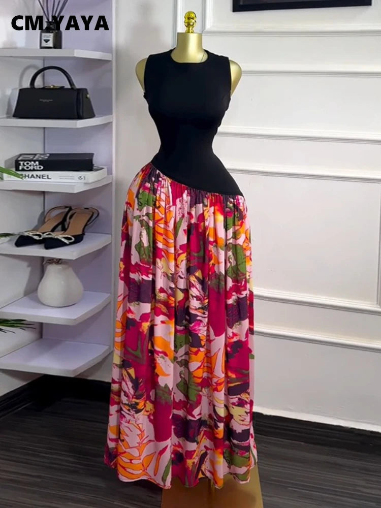 CM.YAYA Women Sleeveless with Sashes Printed Patchwork Tank Long Maxi Dress 2025 Birthday Evening Sexy Party Dresses Vestidos