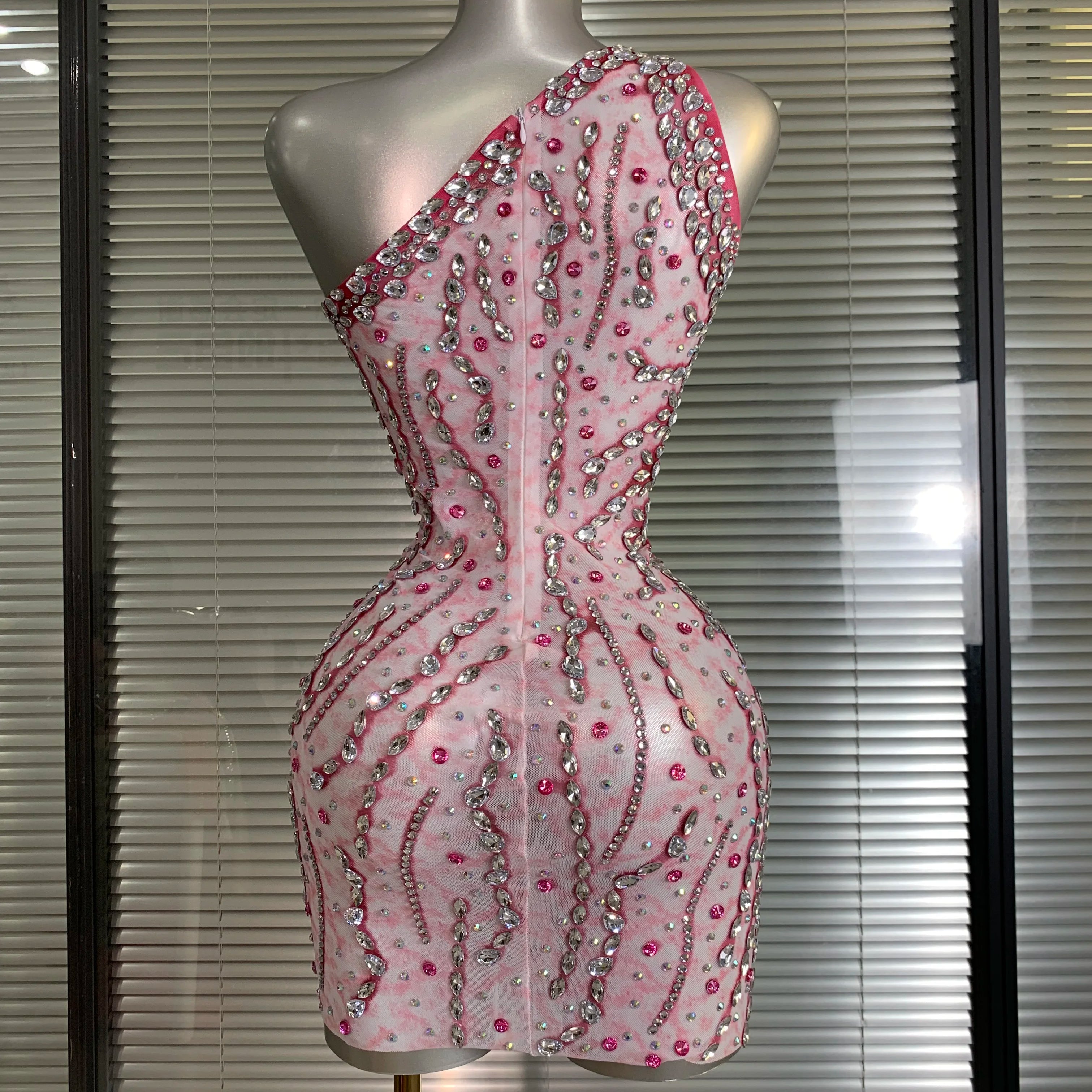 Women Sexy Mesh Crystal Diamonds Mini Costume Stage Dancer One Shoulder Stretchy Mini Night Club Party Dress