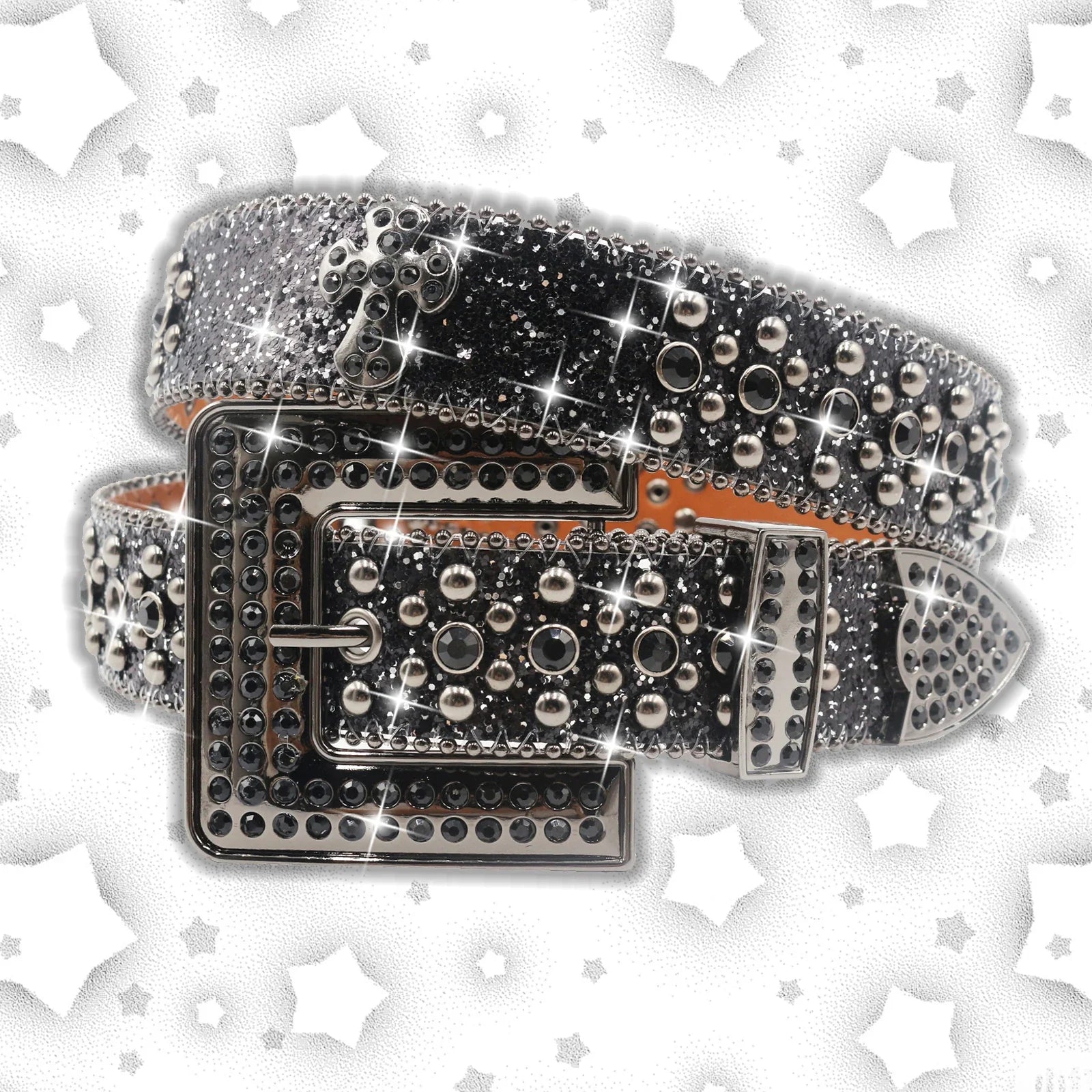 Vintage Dark Rhinestone Rivet Belt for Women Sequin Punk Hip Hop Jeans Accessories Luxury Designer bb Belt Beautiful FK-Cross-Black