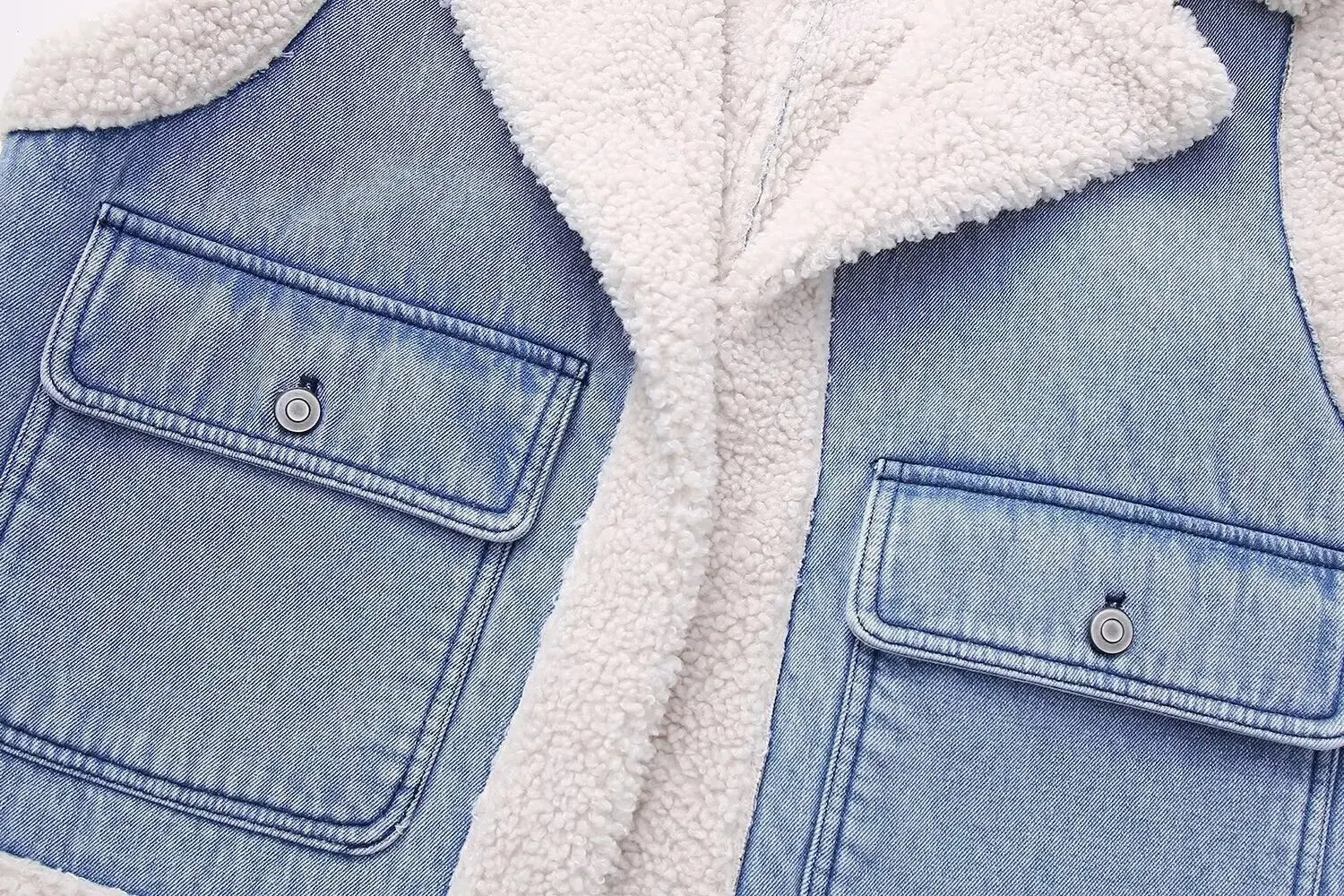 Women Fashion Turn Down Collar Lamb PatchworkWashed Denim Vest Jacket Female Sleeveless Pockets WaistCoat Tops