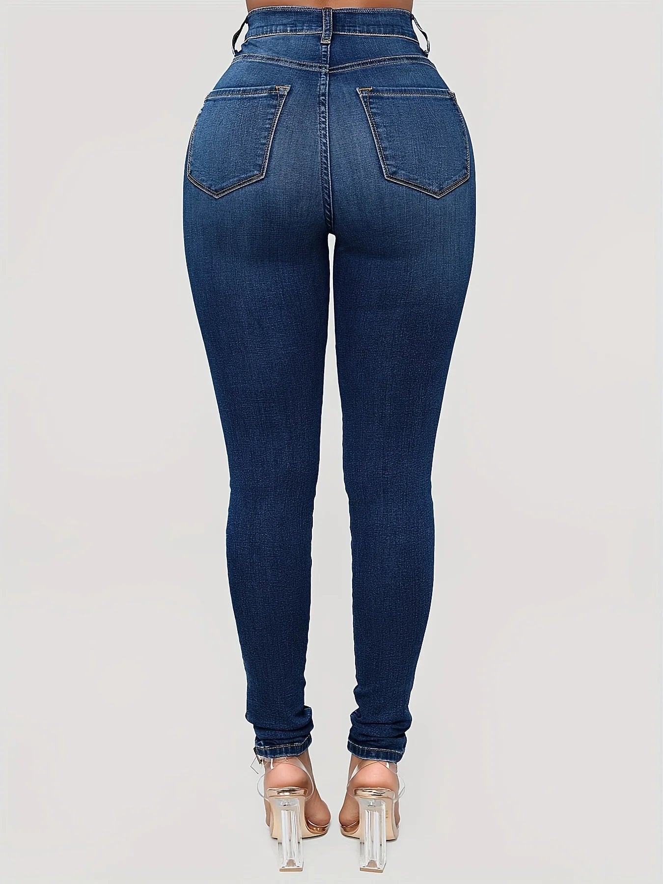 Plain High Waist Skinny Jeans, High Rise Slim Fit Slash Pockets Casual Denim Pants, Women's Denim Jeans & Clothing