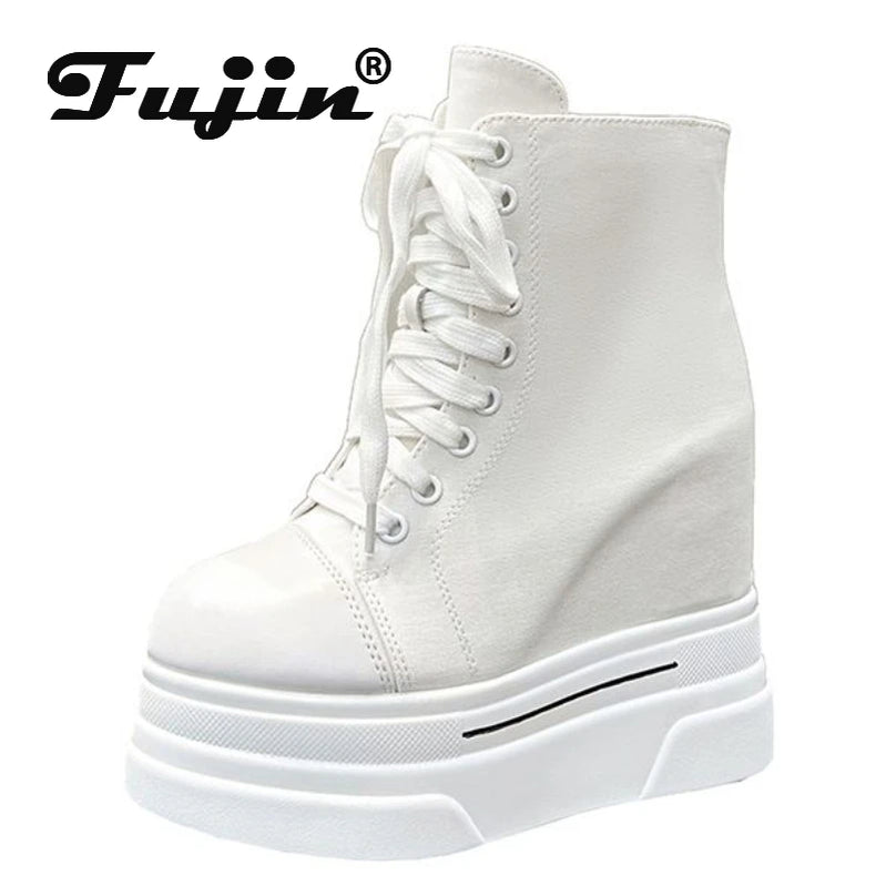 Fujin 14cm 2023 Denim Women Ankle Boots Platform Wedge Autumn Fashion Zip Super Hight Heel Women Fashion Lace Up Spring Shoes
