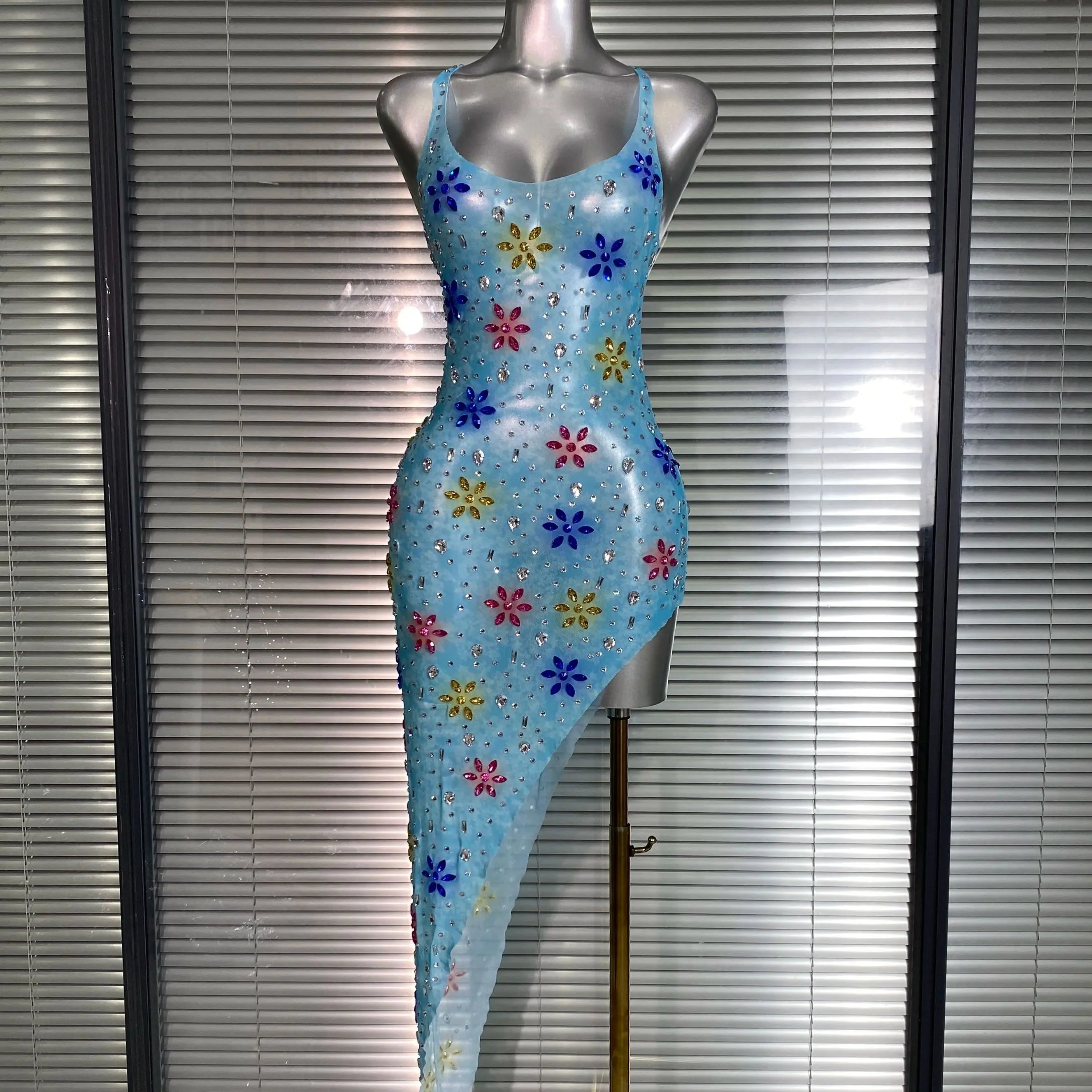 Women Sexy Mesh Crystal Diamonds Flower Blue Performance Costume Stage Dancer See Through Stretchy Night Club Party Dress