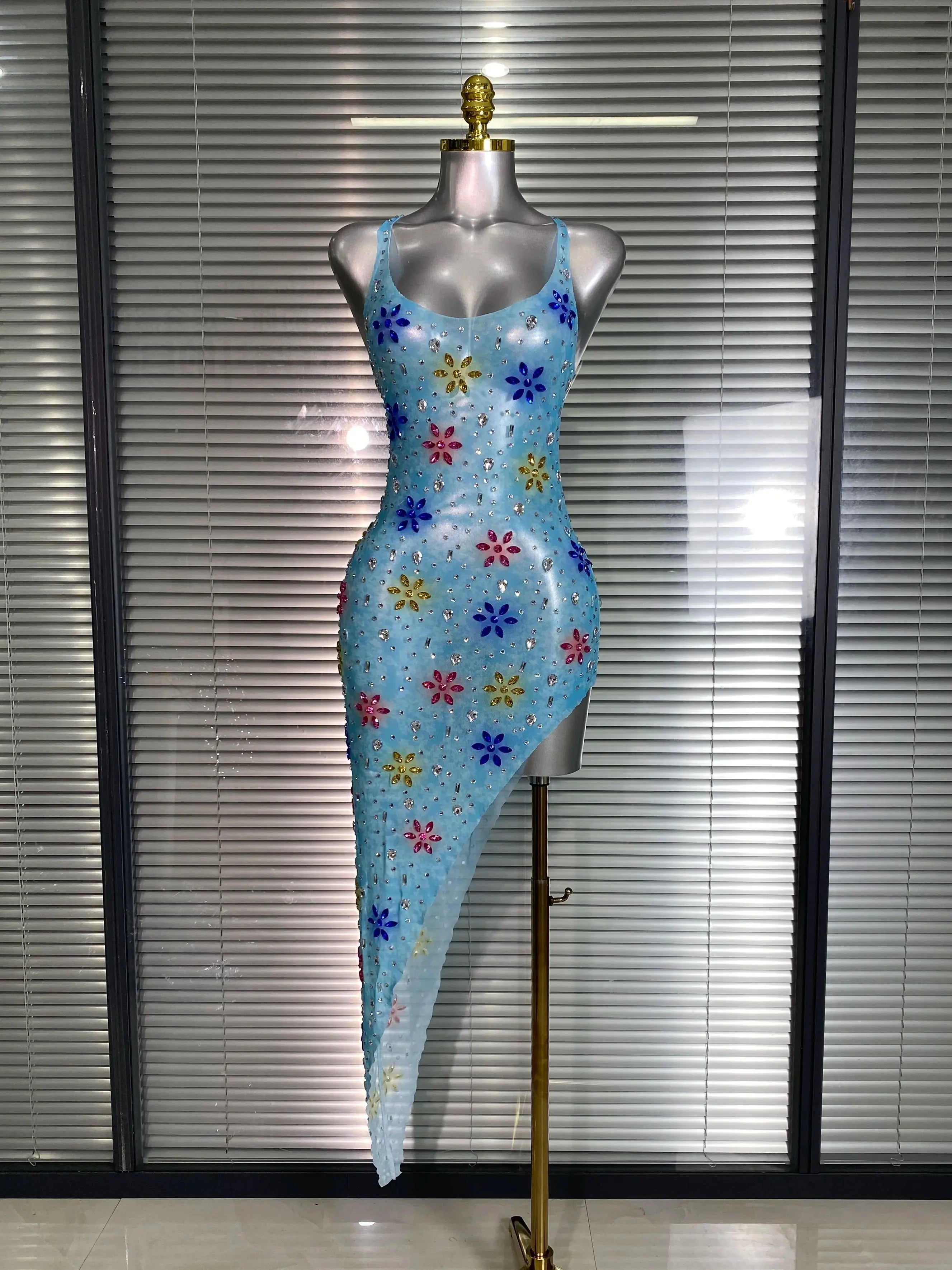 Women Sexy Mesh Crystal Diamonds Flower Blue Performance Costume Stage Dancer See Through Stretchy Night Club Party Dress