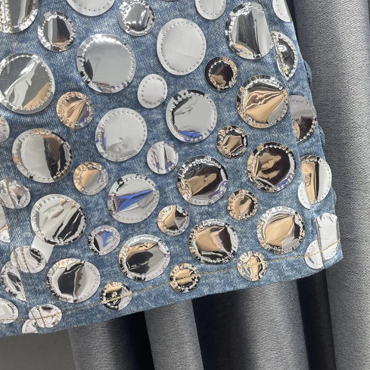 DEAT Summer New Fashion Women's Denim Skirt High Waist Circular Sequin Patchwork Wrap Hip Blue Short Mini Skirts 29L4143