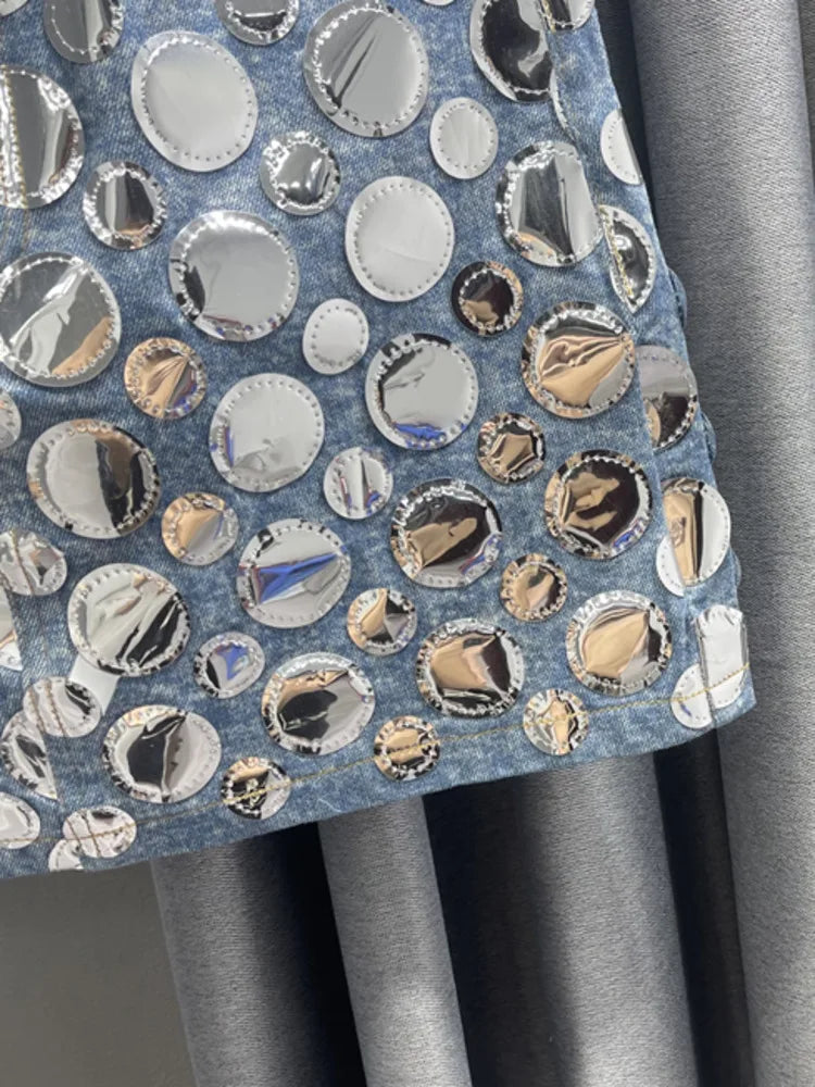 DEAT Summer New Fashion Women's Denim Skirt High Waist Circular Sequin Patchwork Wrap Hip Blue Short Mini Skirts 29L4143