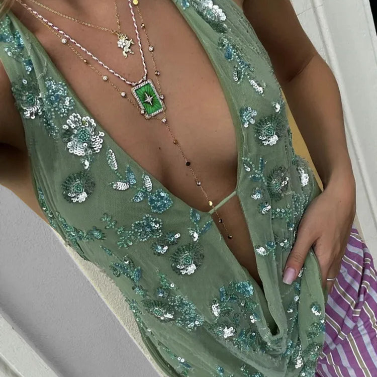 Blusas regata femininas sensuais com decote em V profundo e glitter, colete, pulôveres, verão, brilho, costas nuas, tops curtos, elegantes, tops de praia