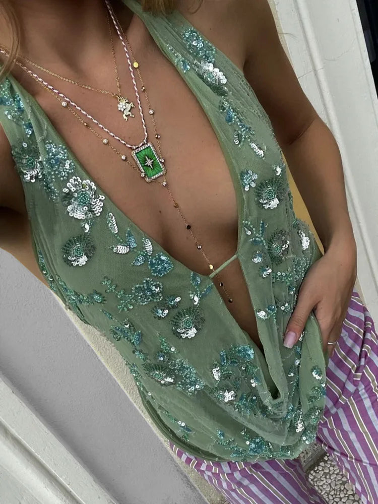 Glitter Deep V Neck Sexy Tank Tops Women Vest Pullovers Summer Sparkle Backless Cropped Tops Elegant Beach Tops