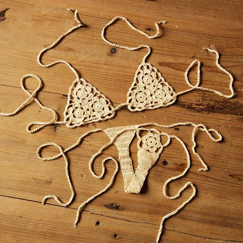 Women Sexy Handmade Bikini Sets Crochet Flower Solid Color Lace Thong String Swimwear Sunbathing Swimsuit Beach Wear Lace-up Beige one size