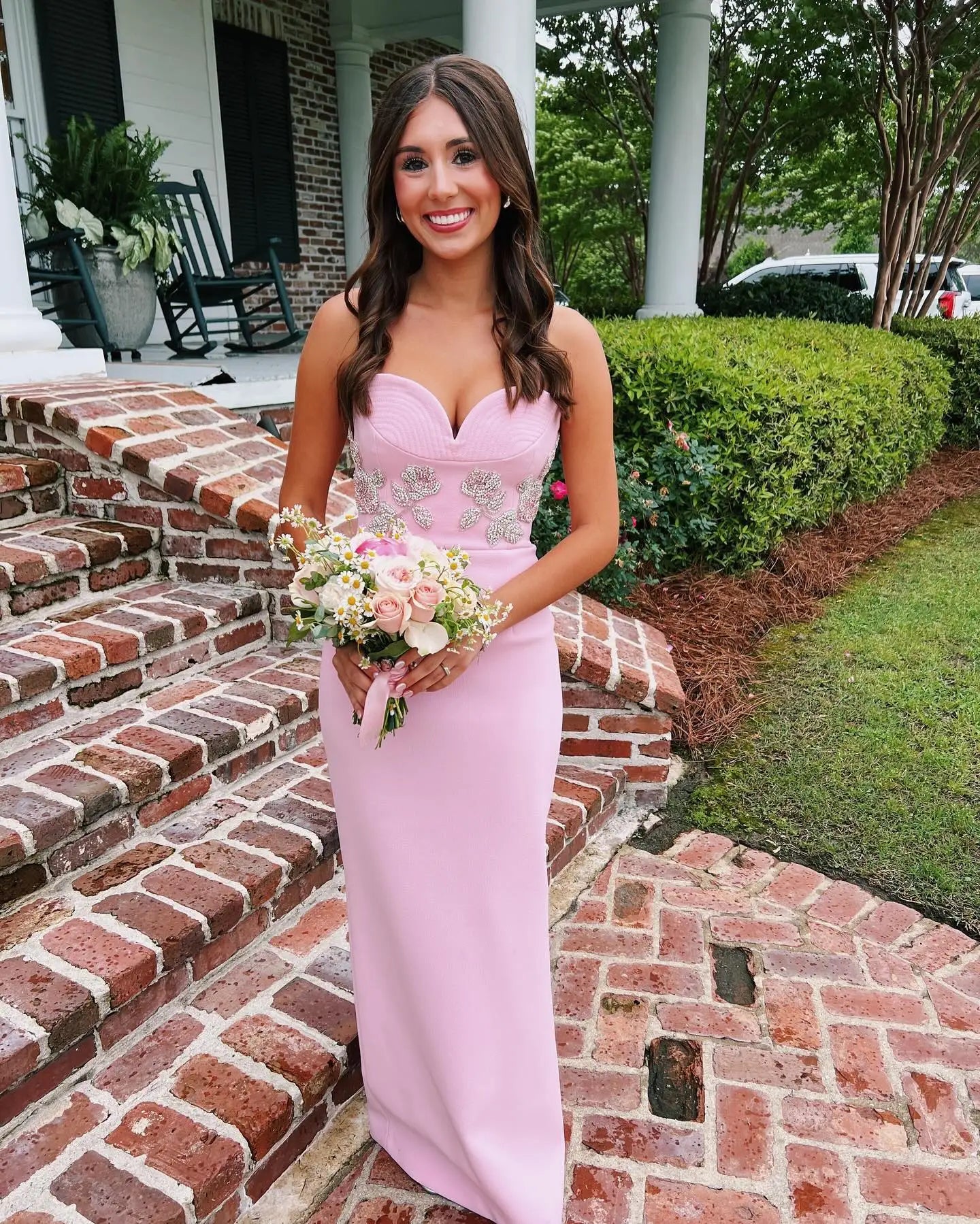 Stereoscopic Diamond Flowers Strapless Pink Ankle Lenght Bandage Dress Woman Birthday Party Vestido Celebrity Party Outfit