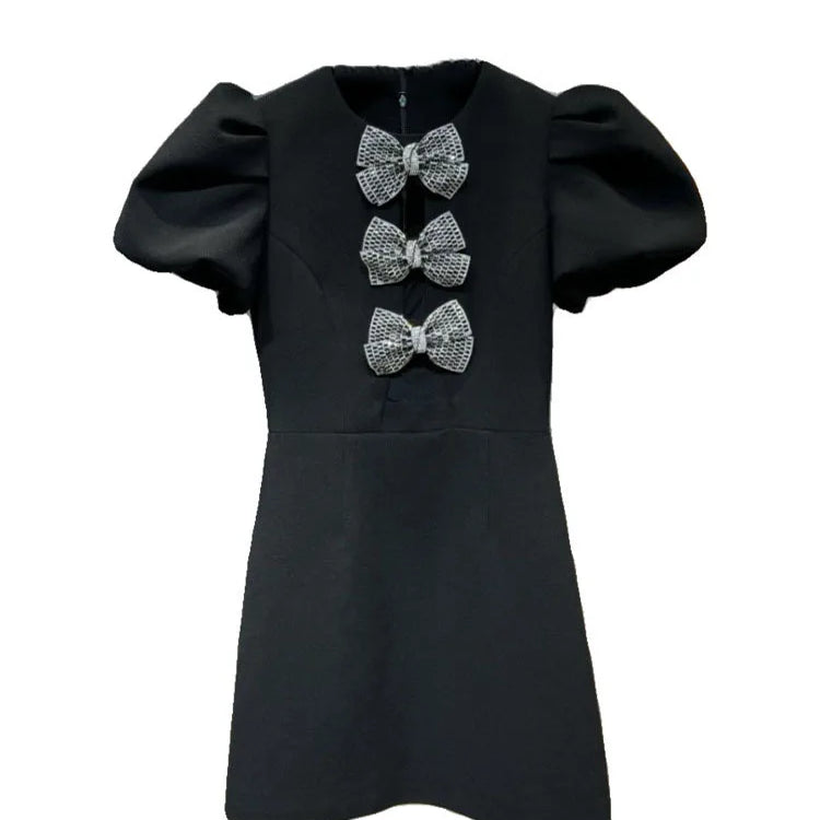 DEAT Fashion New Items Women's Diamonds Bows Hollow Out Spring Trendy Round Neck Puff Sleeves Dresses Female 11XX8796