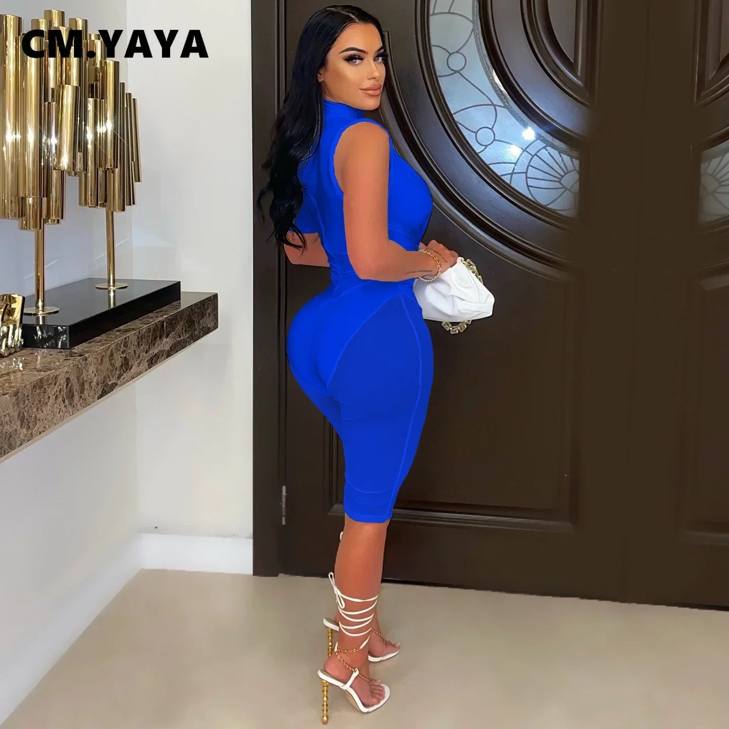 CMYAYA Women 2022 Sexy Party Playsuit Cut Out Mesh Patchwork Tie Waist Stretch Knee Length Jumpsuit Oversized One Piece Set