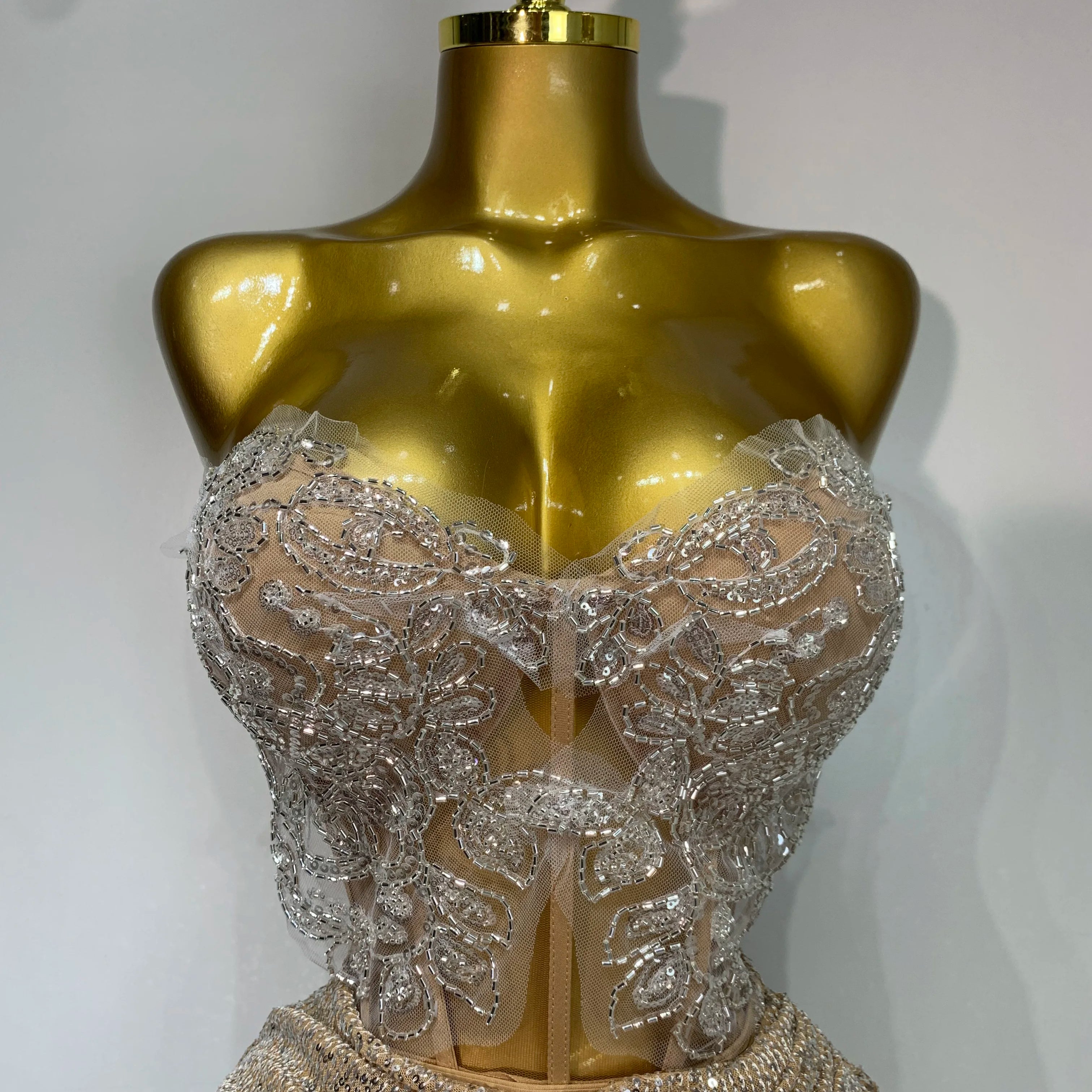 Shinning Beading Sequins Women Sexy Strapless Bodycon Two Pieces Set Celebrate Nightclub Party Luxury Birthday Stage Outfit