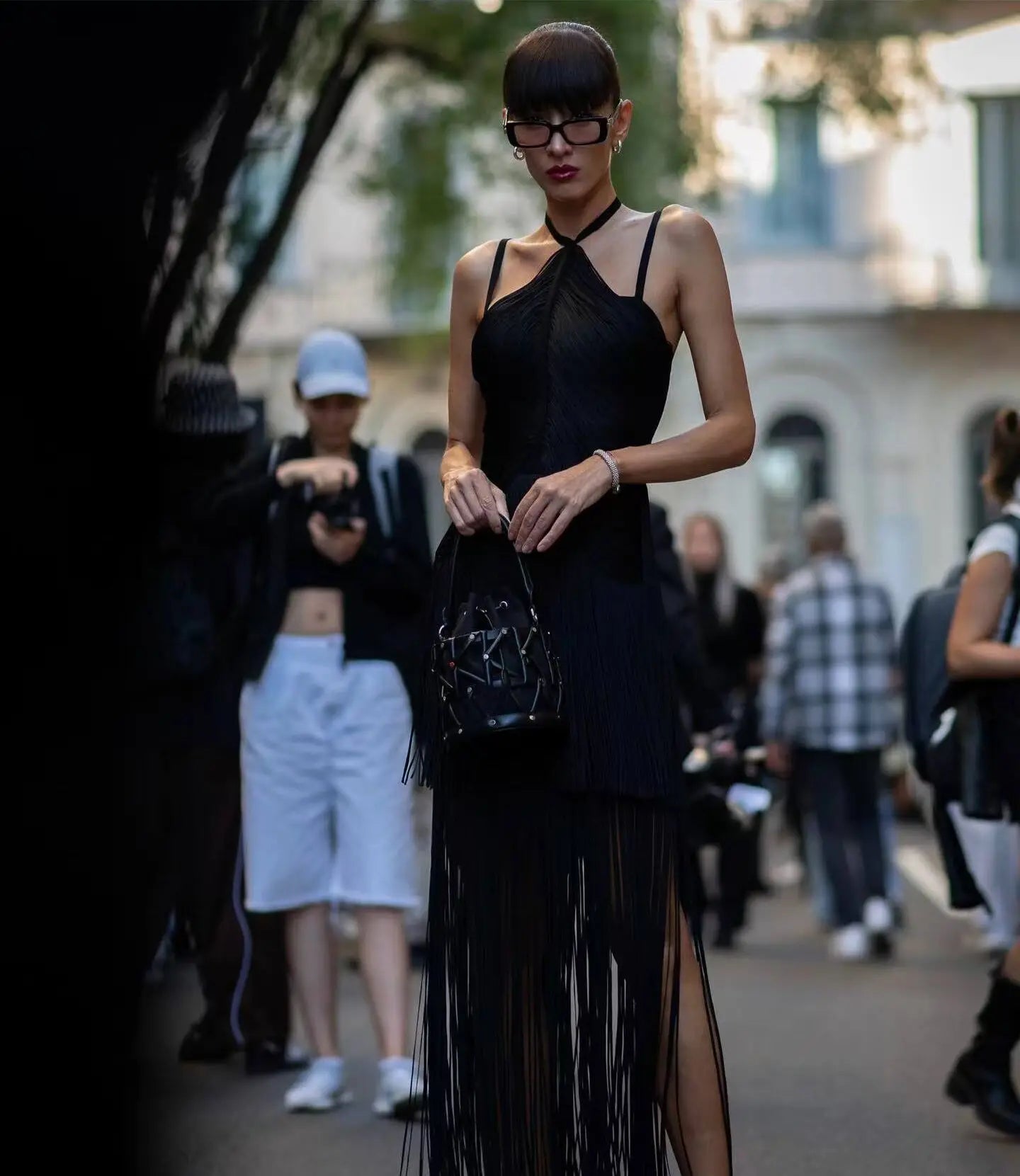 New Black Color Women Sleeveless Sexy Strap Long Tassel Bodycon Bandage Dress Celebrity Red Carpet Evening Party Outfit