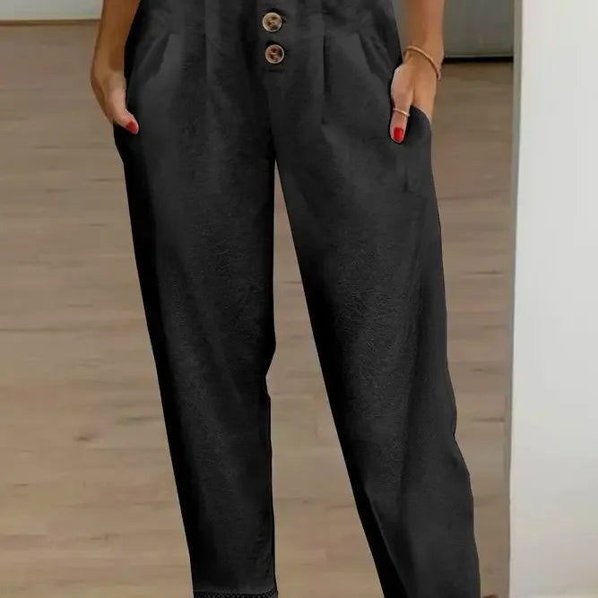 Women's Casual White Pants High Waist Button Slim Solid Pockets Pencil Pants Female Soft Breathable Women Trousers Joggers Black