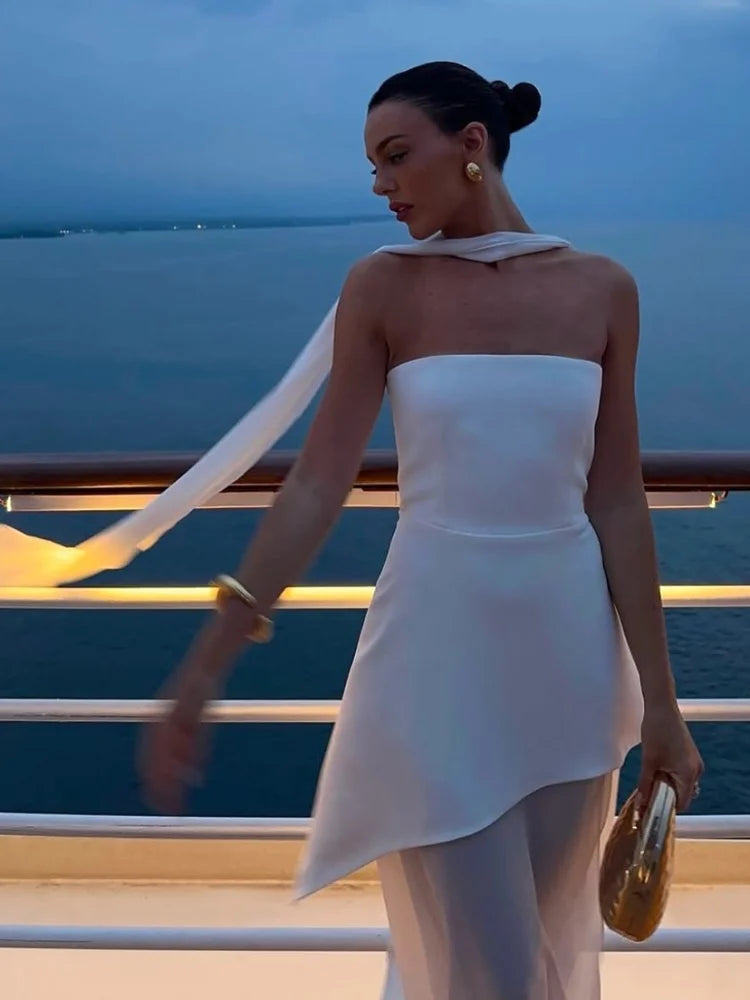 Elegant Off Shoulder Irregular Hem With Scarf Women Fashion Sleeveless Backless Slim Fit Long Dress 2025 New Summer Party Robes