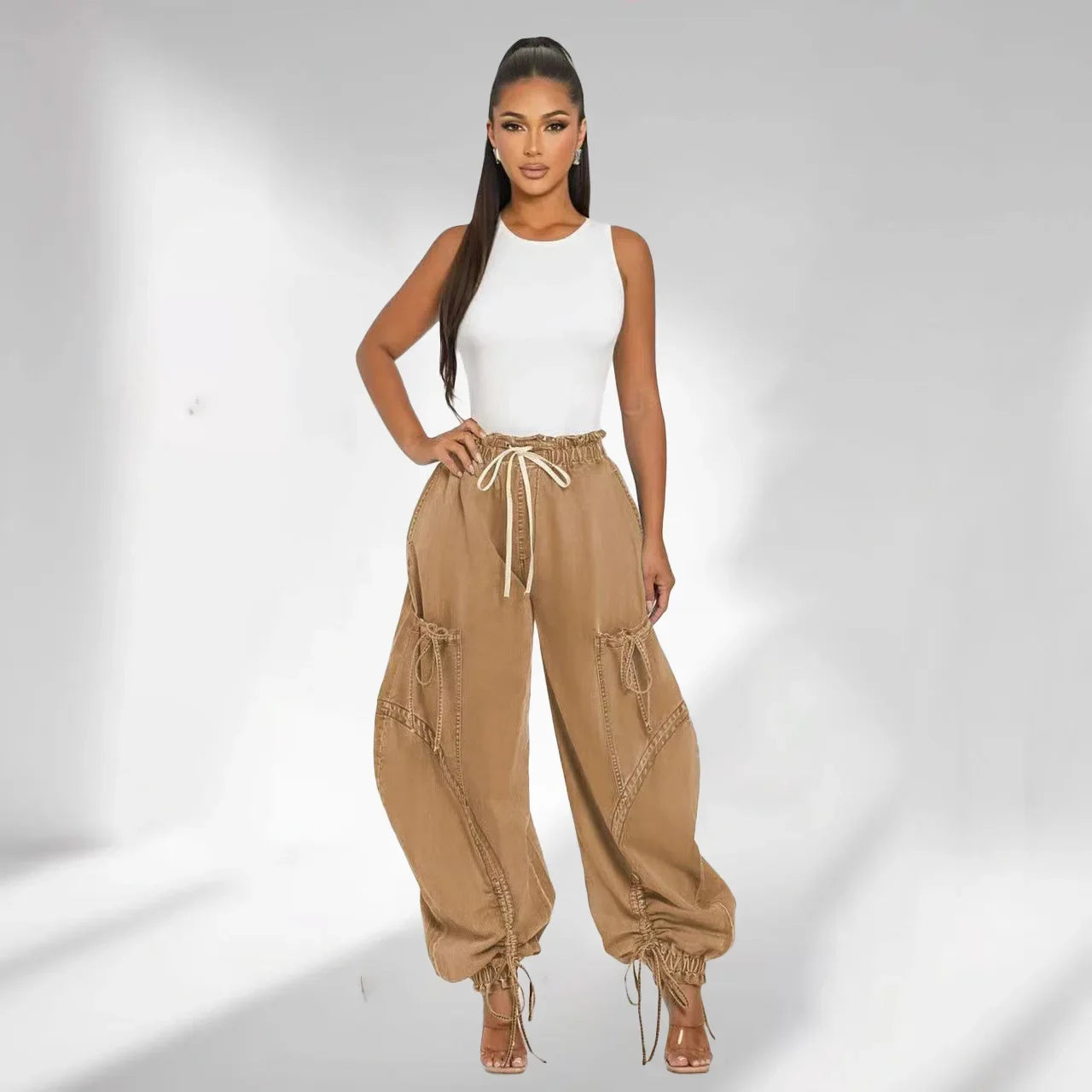 CM.YAYA Women Streetwear Drawstring Fashion Fly Denim Pants 2024 Autumn Loose Safari Style Cargo Harem Hip Hop Jeans
