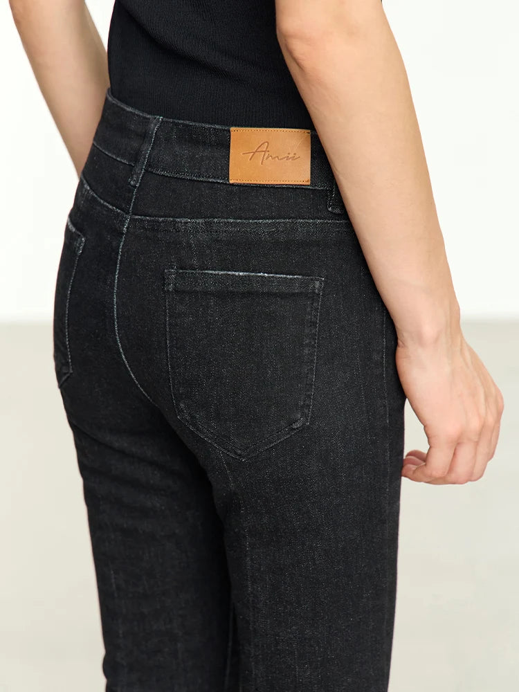 Minimalist Black Women Jeans Autumn Slim Ankle-length New Pants Asymmetrical Flare Retro Casual Trousers