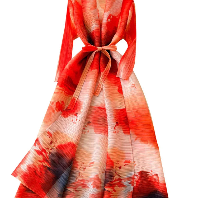 XFPV Elegant Style Long Sleeve Lapel Waist Cinching Strap Pleated Print Dress Vestidos For Women Y2k Korean Fashion Autumn 2024