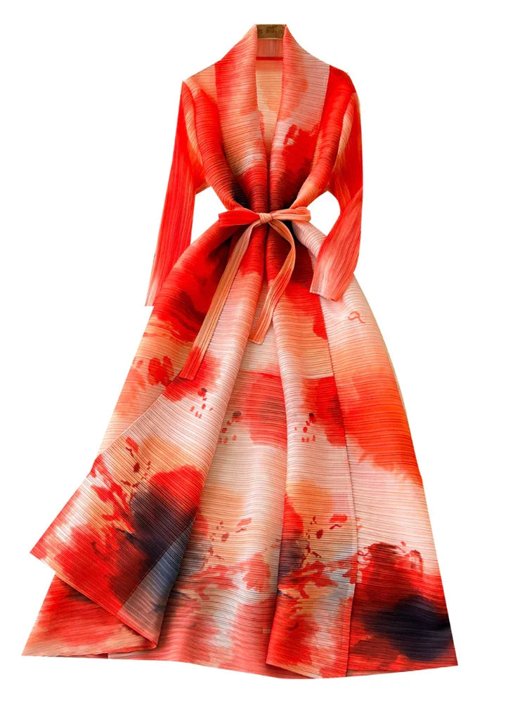 XFPV Elegant Style Long Sleeve Lapel Waist Cinching Strap Pleated Print Dress Vestidos For Women Y2k Korean Fashion Autumn 2024