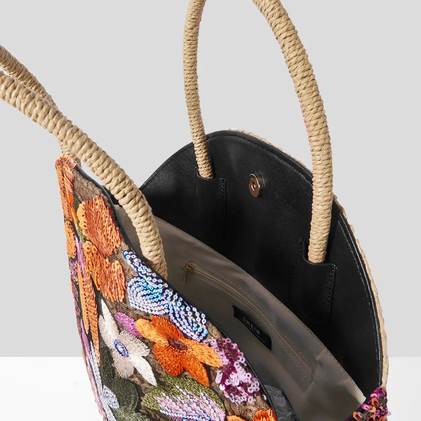 Women' Handbag Sequins Flower Round Straw Braid Large Capacity Tote Bag