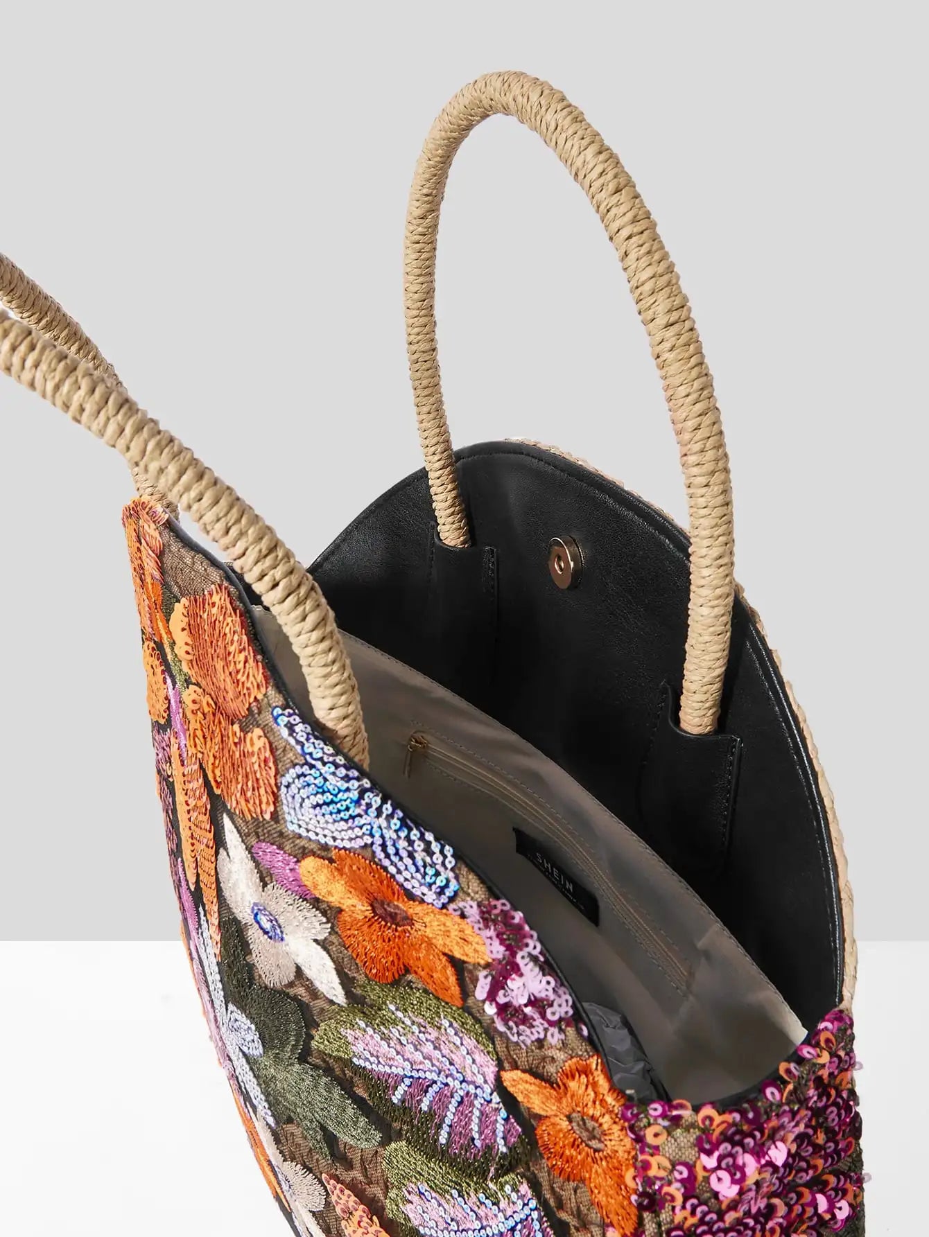 Women' Handbag Sequins Flower Round Straw Braid Large Capacity Tote Bag