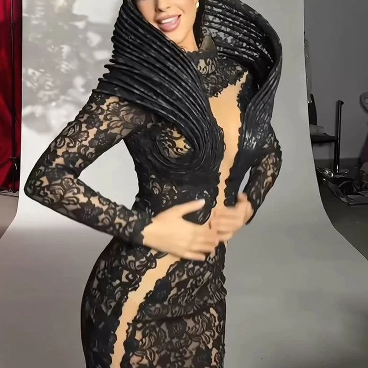 VC Lace Accent Maxi Dress High Neckline Cut-out Tulle Fabric Long Sleeves Floor Length Cocktail Party Evening Gowns