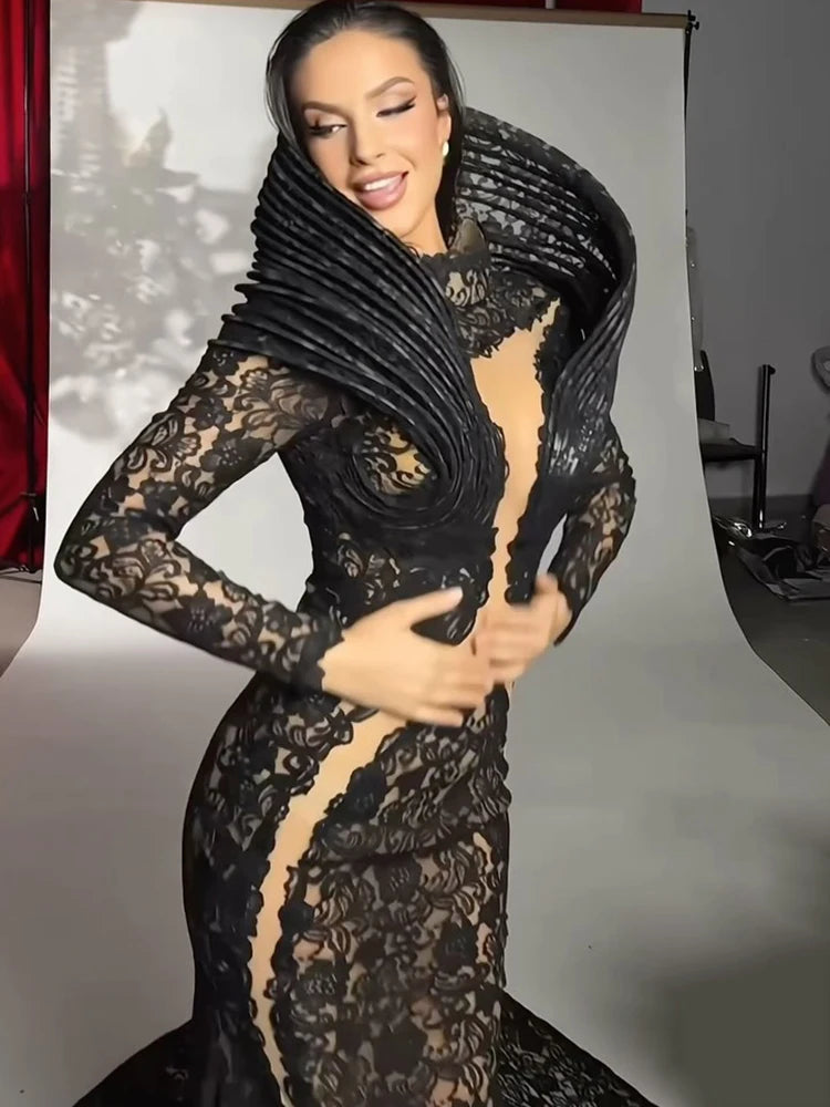 VC Lace Accent Maxi Dress High Neckline Cut-out Tulle Fabric Long Sleeves Floor Length Cocktail Party Evening Gowns