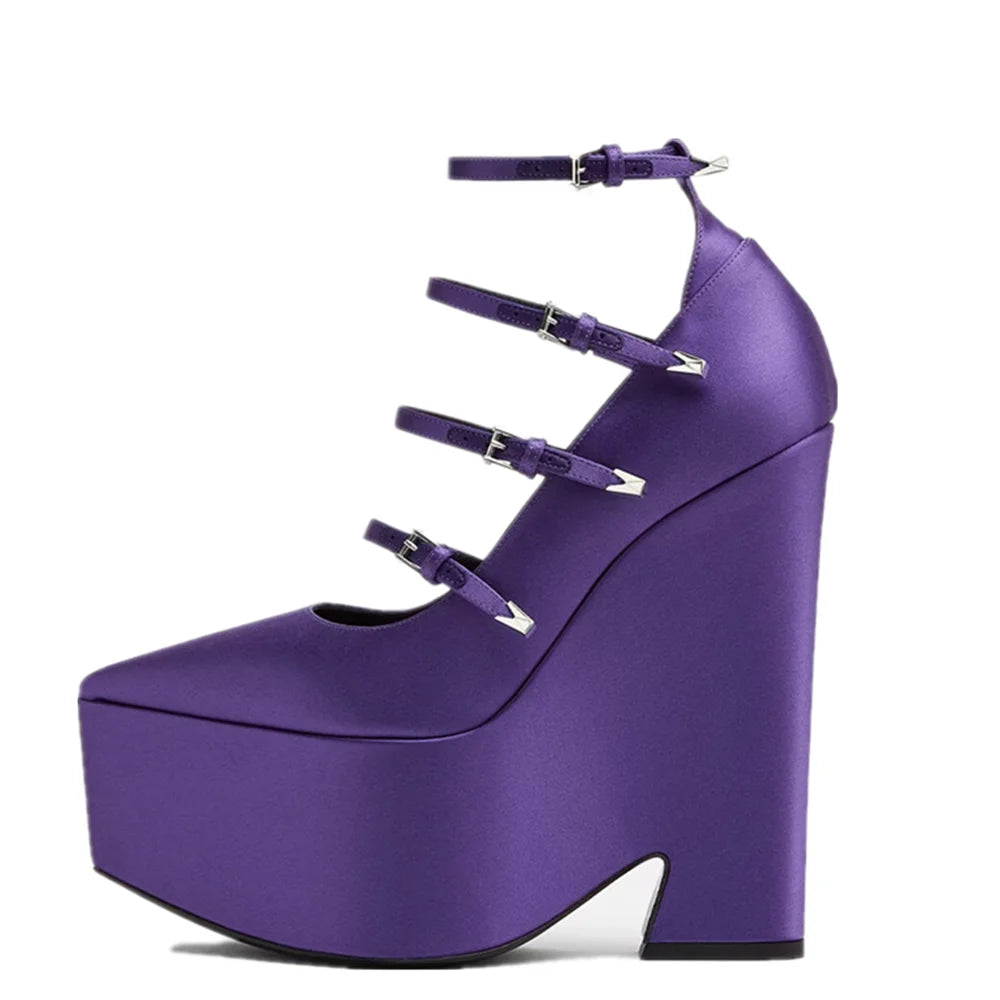 YJXKJY 2023 Spring Autumn Women's Shoes Super High Heel Party Fashion Mary Jane Thick Sole Buckle Show Nightclub Ladies Shoes purple satin