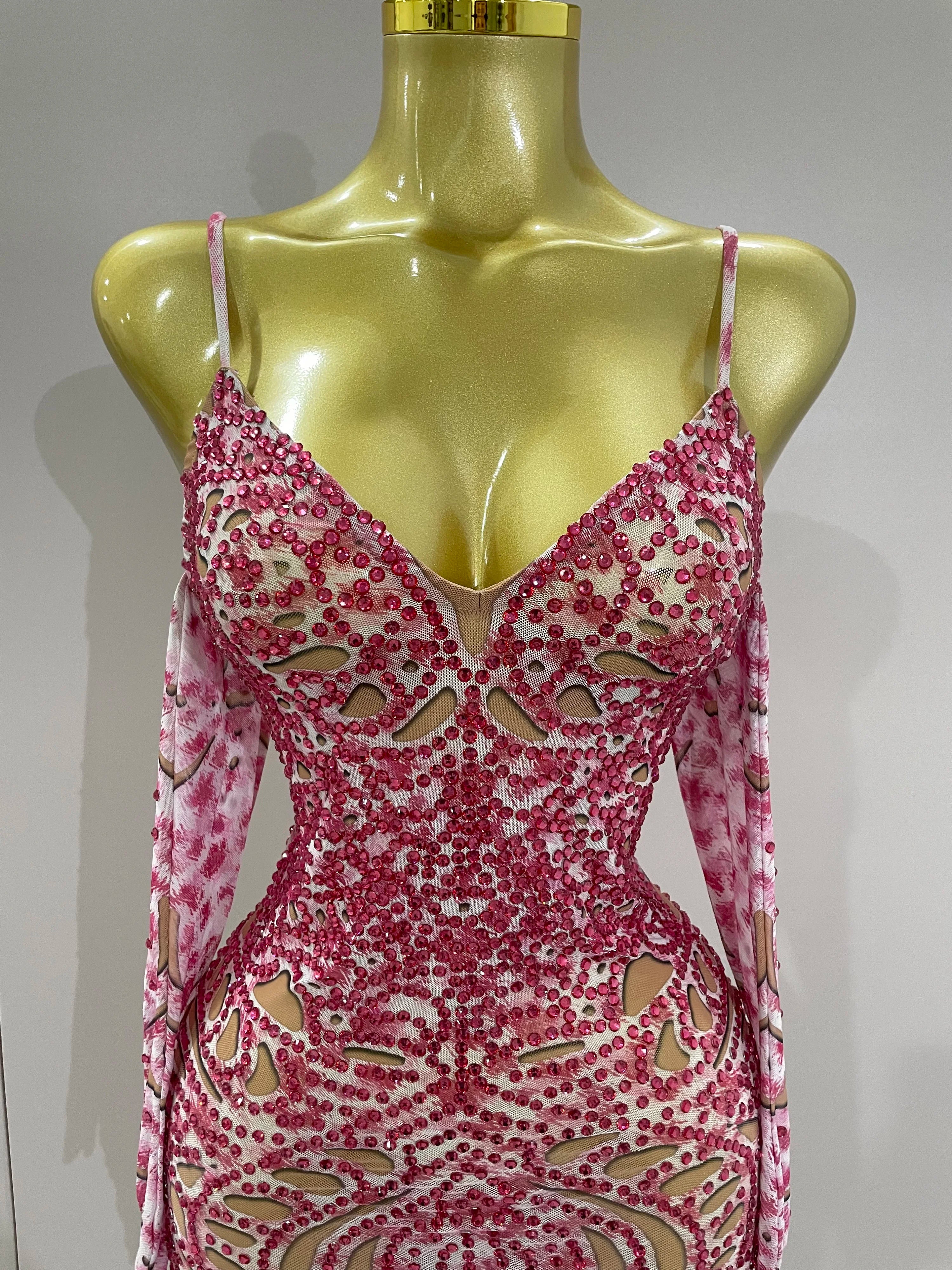 2025 New Sexy Sparkly Rhinestones Mesh Mini Dress With GlovesWomen Evening Birthday Party Celebrate Costume Dancer Stage Wear