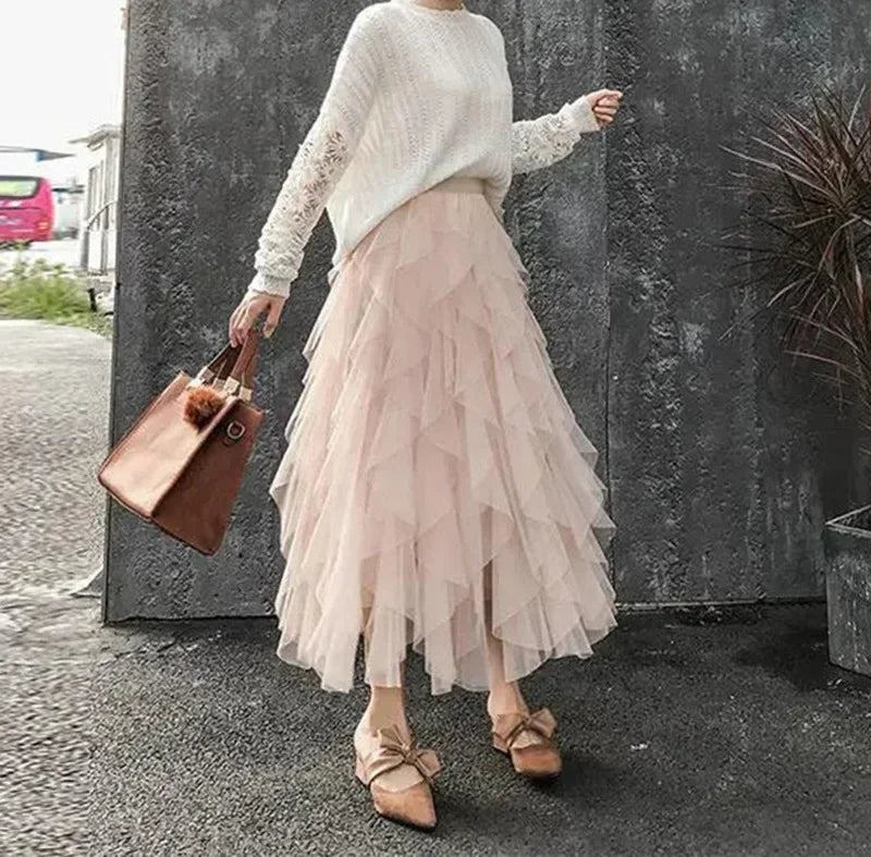 Women Tulle Mesh Skirt Elegant Elastic Waist Fairy Long A-line Tutu Skirt for Spring Summer long skirt Apricot one size