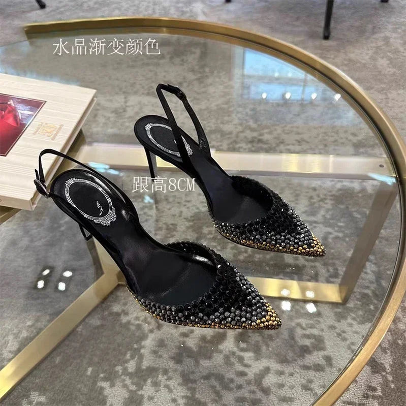 Sandálias Baotou com strass e salto alto em degradê, moda feminina, sandálias deslumbrantes para vestido formal, sapatos de banquete