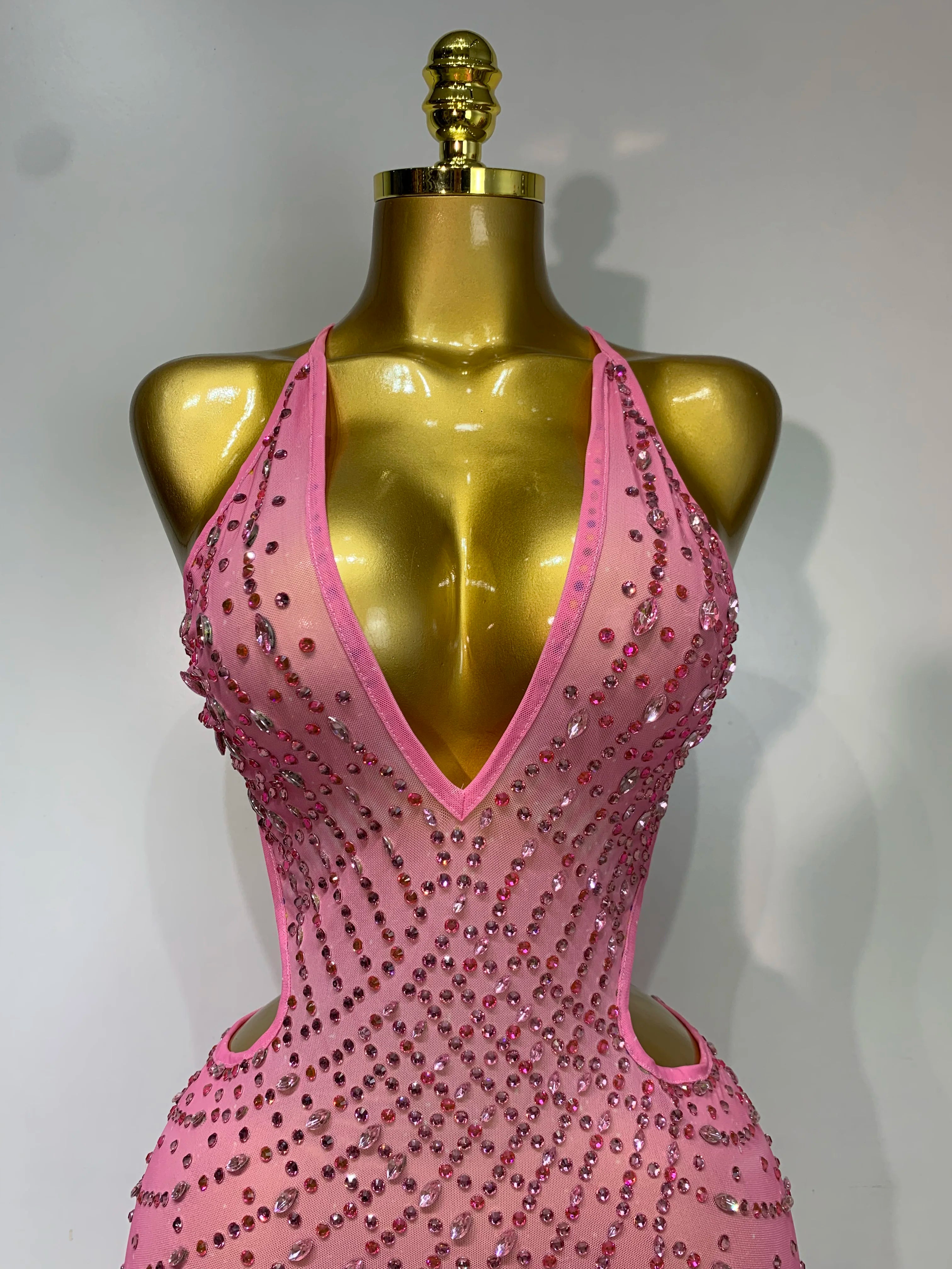 Sparkly Rhinestone Halter Mesh Transparent Dress Birthday Celebrate Evening Party Dress Women Sexy Split Backless Stage Outfit