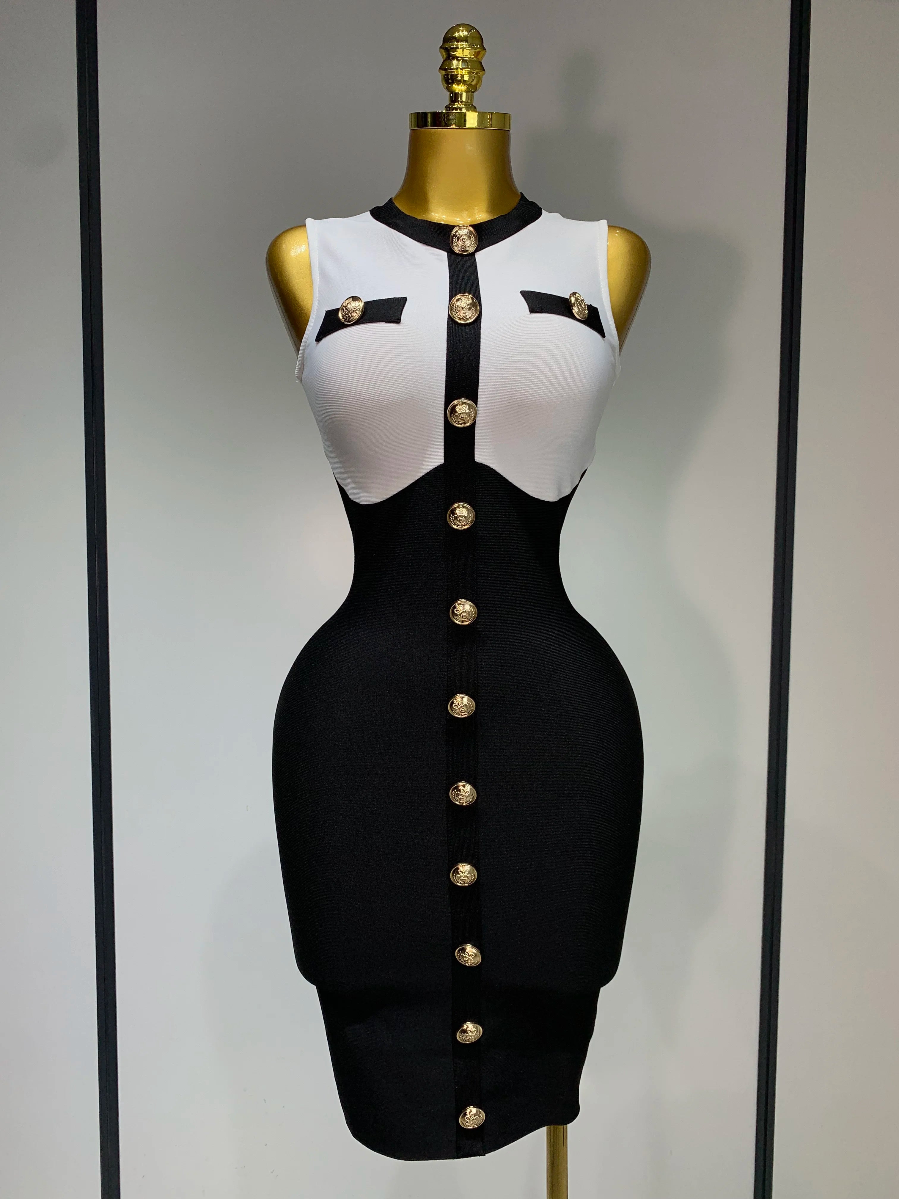 2025 New Arrivals Fashionable Women Bandage Golden Buttons White Black Patchwork Sleeveless Bodycon Elegant Party Dresses