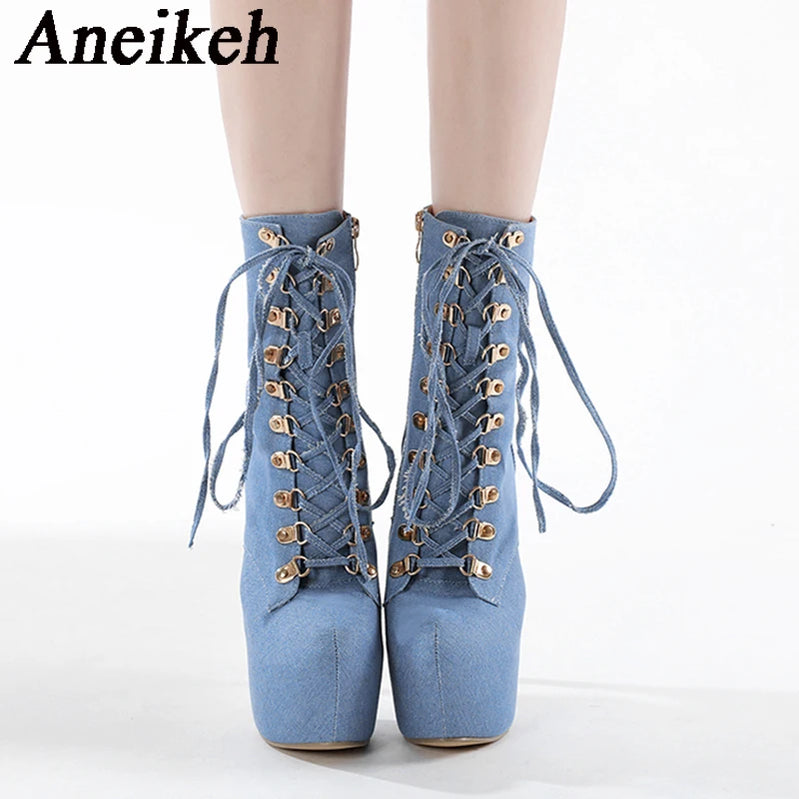 Fashion Blue Denim Classic Lace Up Platform Ankle Boots Platform Heels 16cm Super High Modern Boots Party shoes