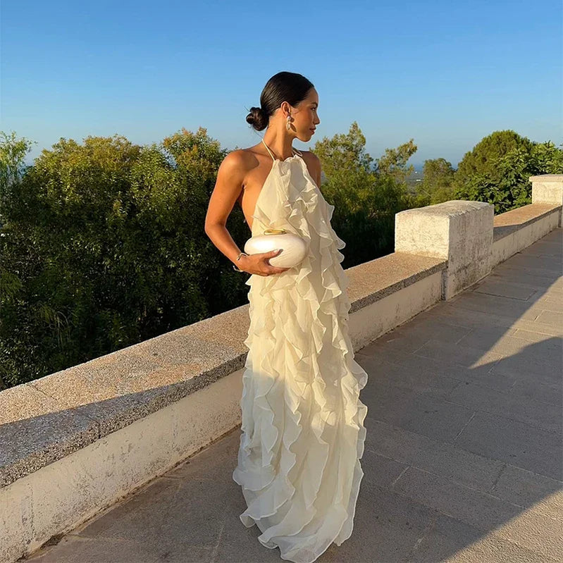 Sexy Ruffles Backless Long Dress Women Y2K Off Shoulder Lace Up Sleeveless White Dresses 2025 Summer Beach Party Loose Robes