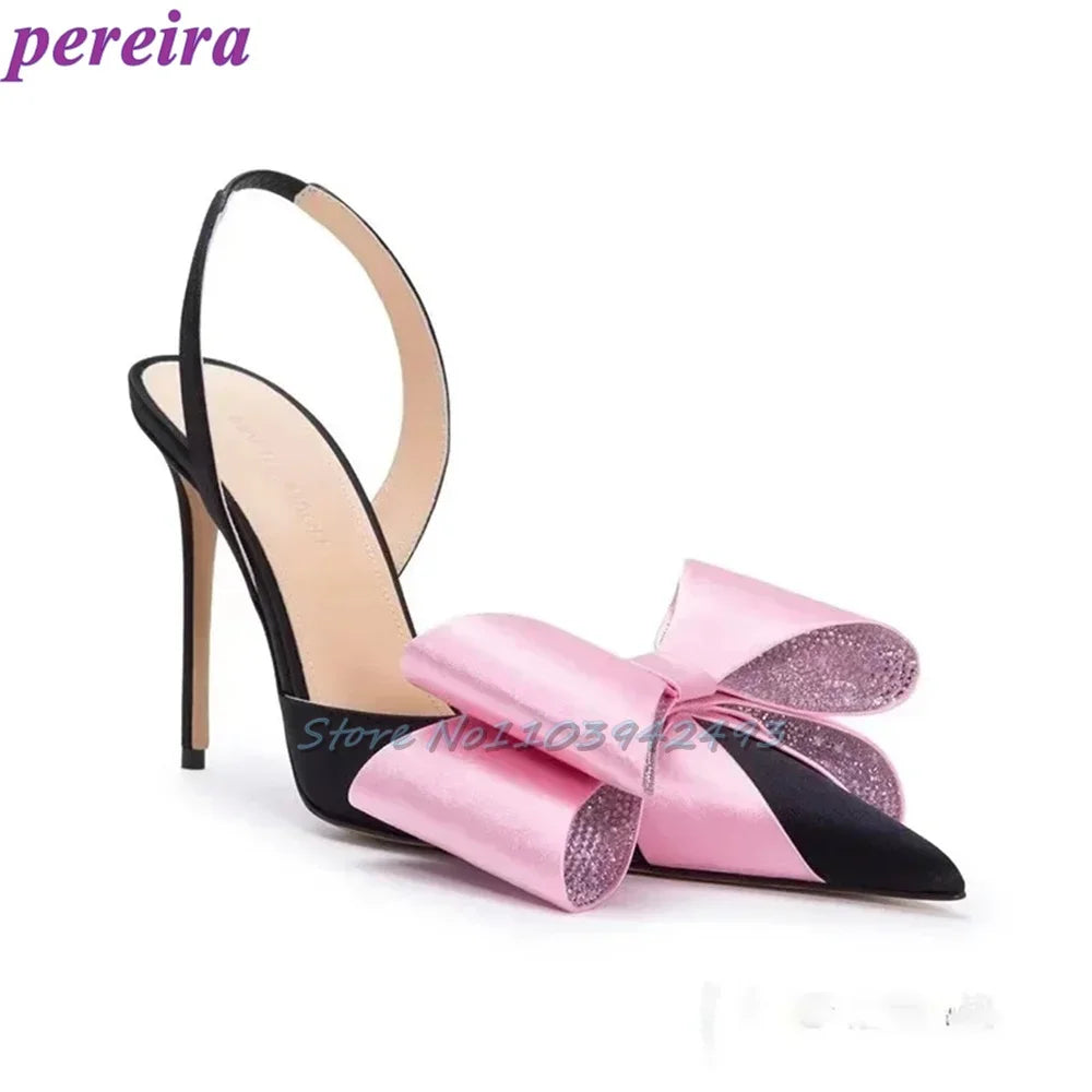 Butterfly-Knot Satin Rhinestones Sandals Pointed Toe High Heels Kitten Heel Women Luxury Designer Mules Solid Back Strap Shoes